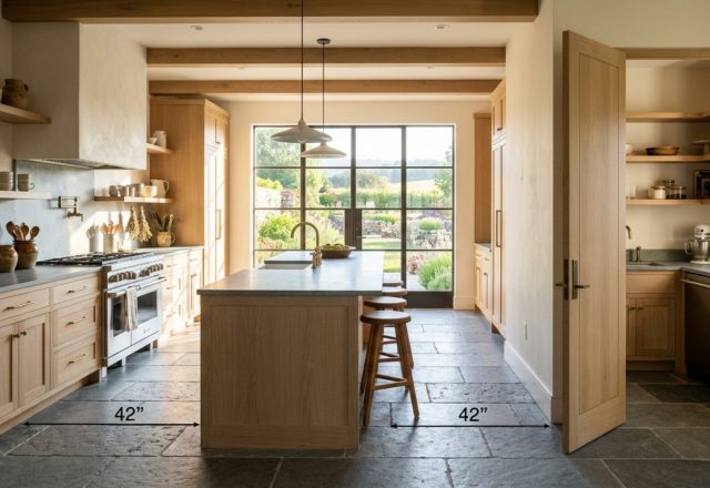 Modern country kitchen layouts featuring a hidden scullery transition with 42-inch walkways and white oak cabinetry.