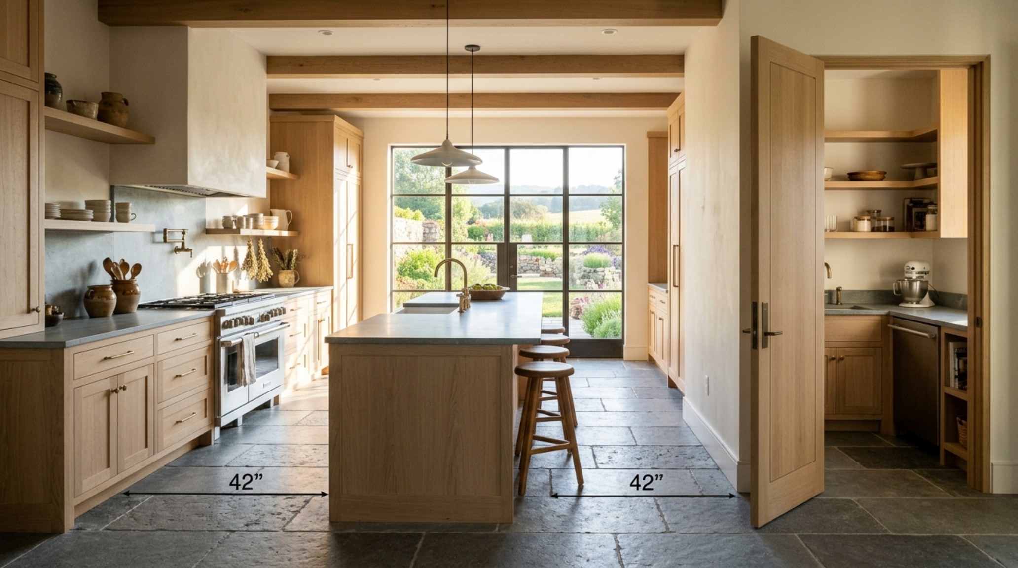 Modern country kitchen layouts featuring a hidden scullery transition with 42-inch walkways and white oak cabinetry. Modern country kitchen layouts featuring a hidden scullery transition with 42-inch walkways and white oak cabinetry.