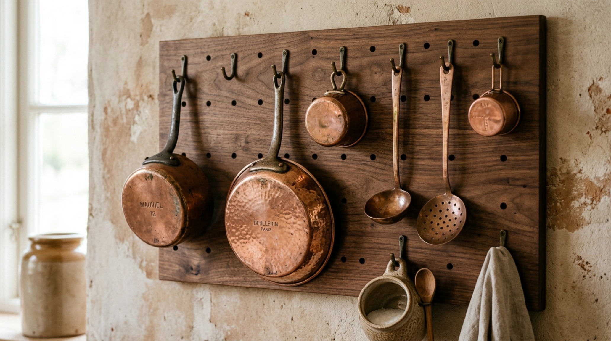 Rustic kitchen storage solutions showing a custom walnut pegboard for copper cookware within an ergonomic 36-inch reach. Rustic kitchen storage solutions showing a custom walnut pegboard for copper cookware within an ergonomic 36-inch reach.