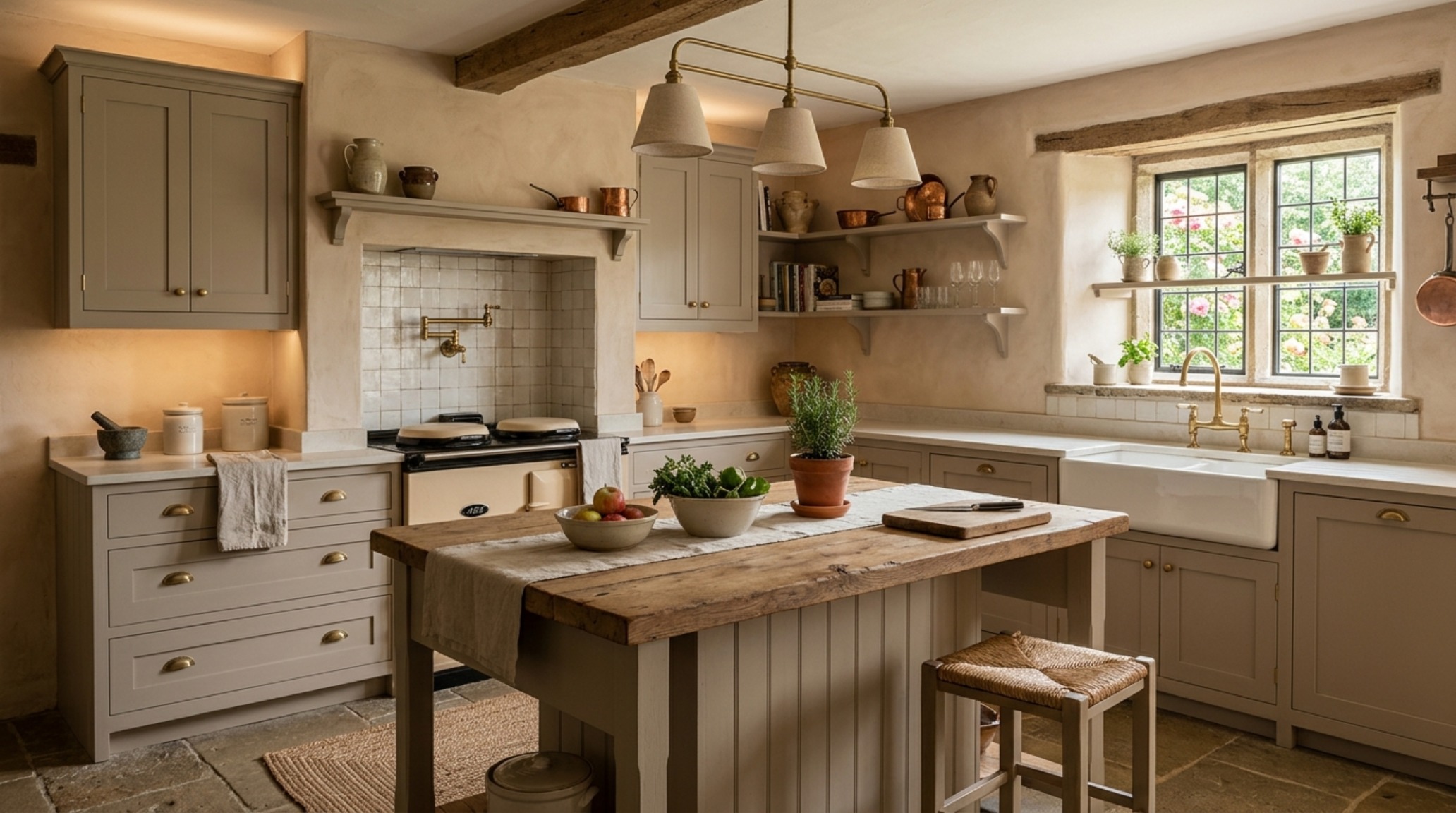 English cottage kitchen ideas utilizing a 2026 Cashmere palette of mushroom and toasted almond with Farrow and Ball accents. English cottage kitchen ideas utilizing a 2026 Cashmere palette of mushroom and toasted almond with Farrow and Ball accents.