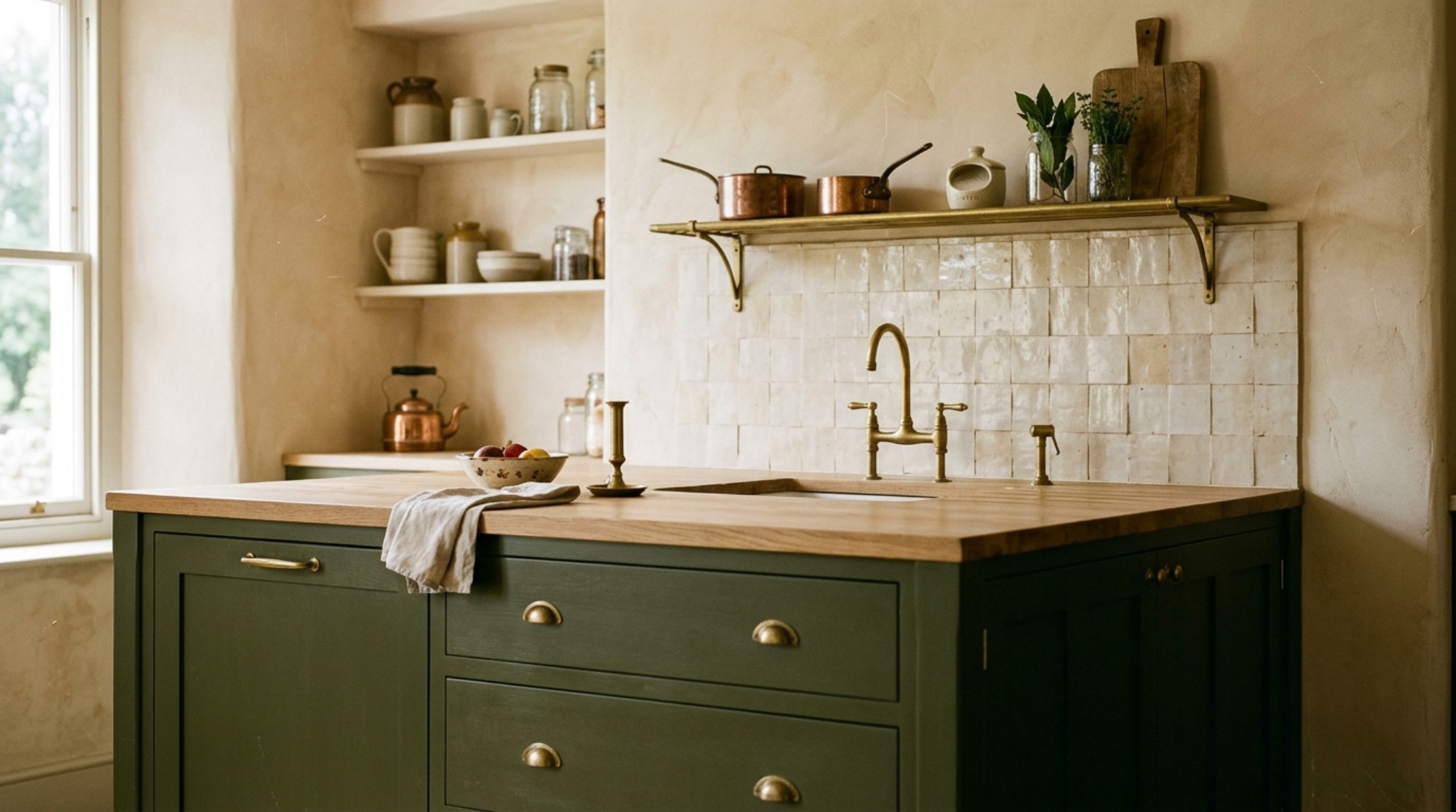 Heritage paint color palettes showcasing a moody olive green island against warm Swiss Coffee perimeter cabinets and terracotta tiles. Heritage paint color palettes showcasing a moody olive green island against warm Swiss Coffee perimeter cabinets and terracotta tiles.