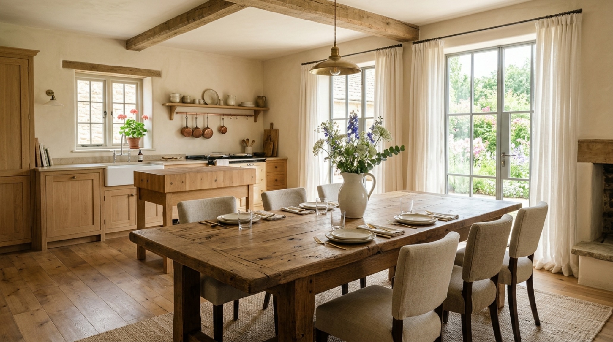 Cottagecore interior design trends elevated through minimalist styling, a large French oak table, and high-CRI warm ambient lighting. Cottagecore interior design trends elevated through minimalist styling, a large French oak table, and high-CRI warm ambient lighting.