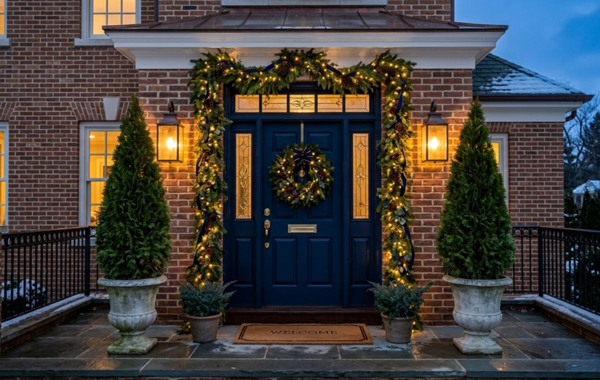 elegant outdoor holiday entryway featuring symmetrical topiary cones and architectural-grade cedar garlands framing a black lacquered door