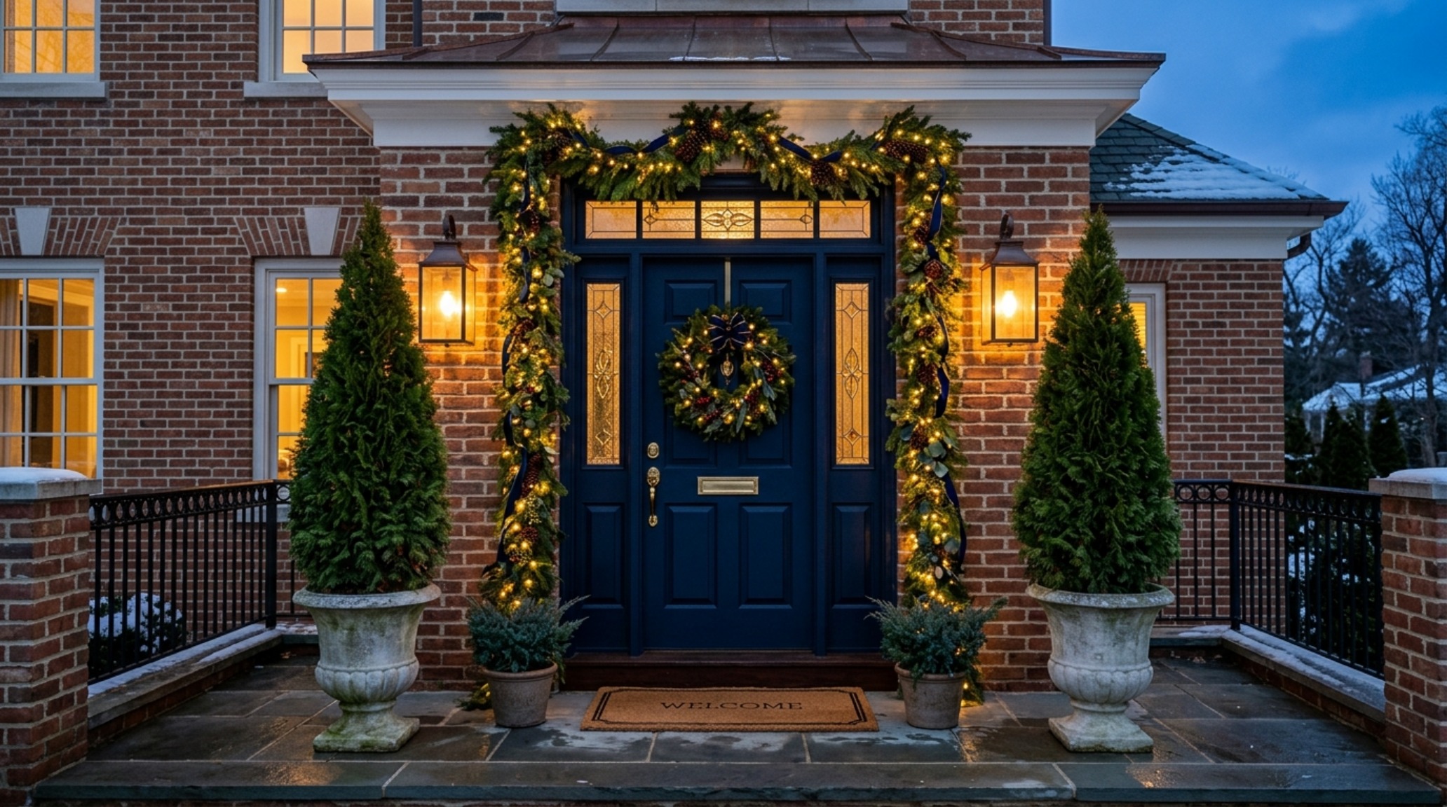 elegant outdoor holiday entryway featuring symmetrical topiary cones and architectural-grade cedar garlands framing a black lacquered door elegant outdoor holiday entryway featuring symmetrical topiary cones and architectural-grade cedar garlands framing a black lacquered door