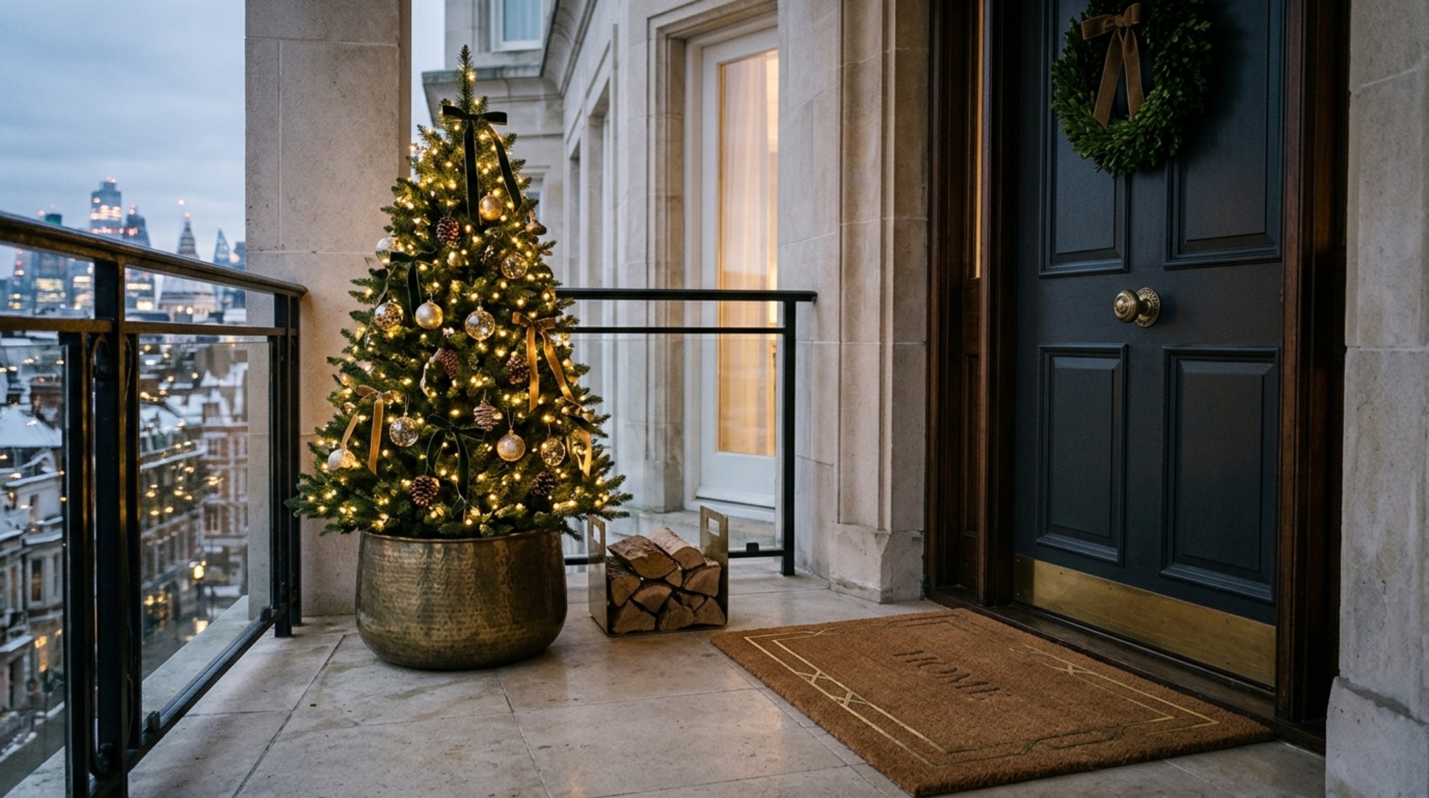 small porch christmas styling focusing on a singular sculptural evergreen in a fluted concrete planter near a threshold small porch christmas styling focusing on a singular sculptural evergreen in a fluted concrete planter near a threshold