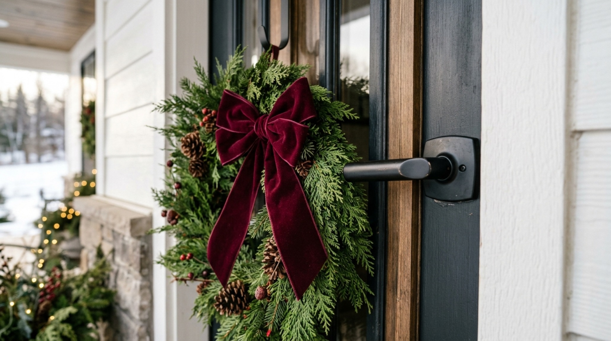 modern farmhouse christmas porch detail of a chunky knit outdoor throw and cedar wreath with organic spatial cadence modern farmhouse christmas porch detail of a chunky knit outdoor throw and cedar wreath with organic spatial cadence