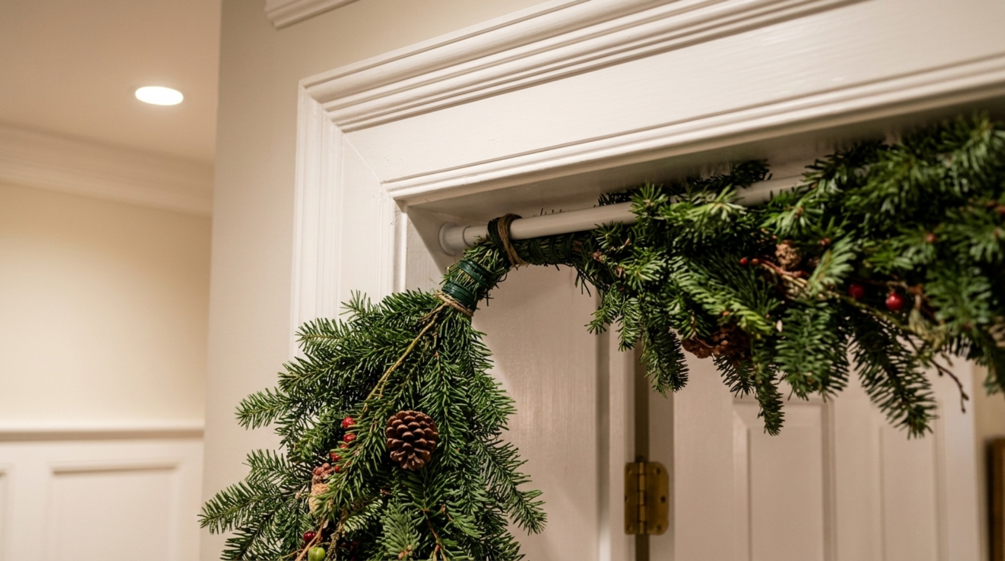 no-drill garland hanging solutions utilizing a discreet tension-rod system to secure heavy pine boughs to a limestone portico no-drill garland hanging solutions utilizing a discreet tension-rod system to secure heavy pine boughs to a limestone portico