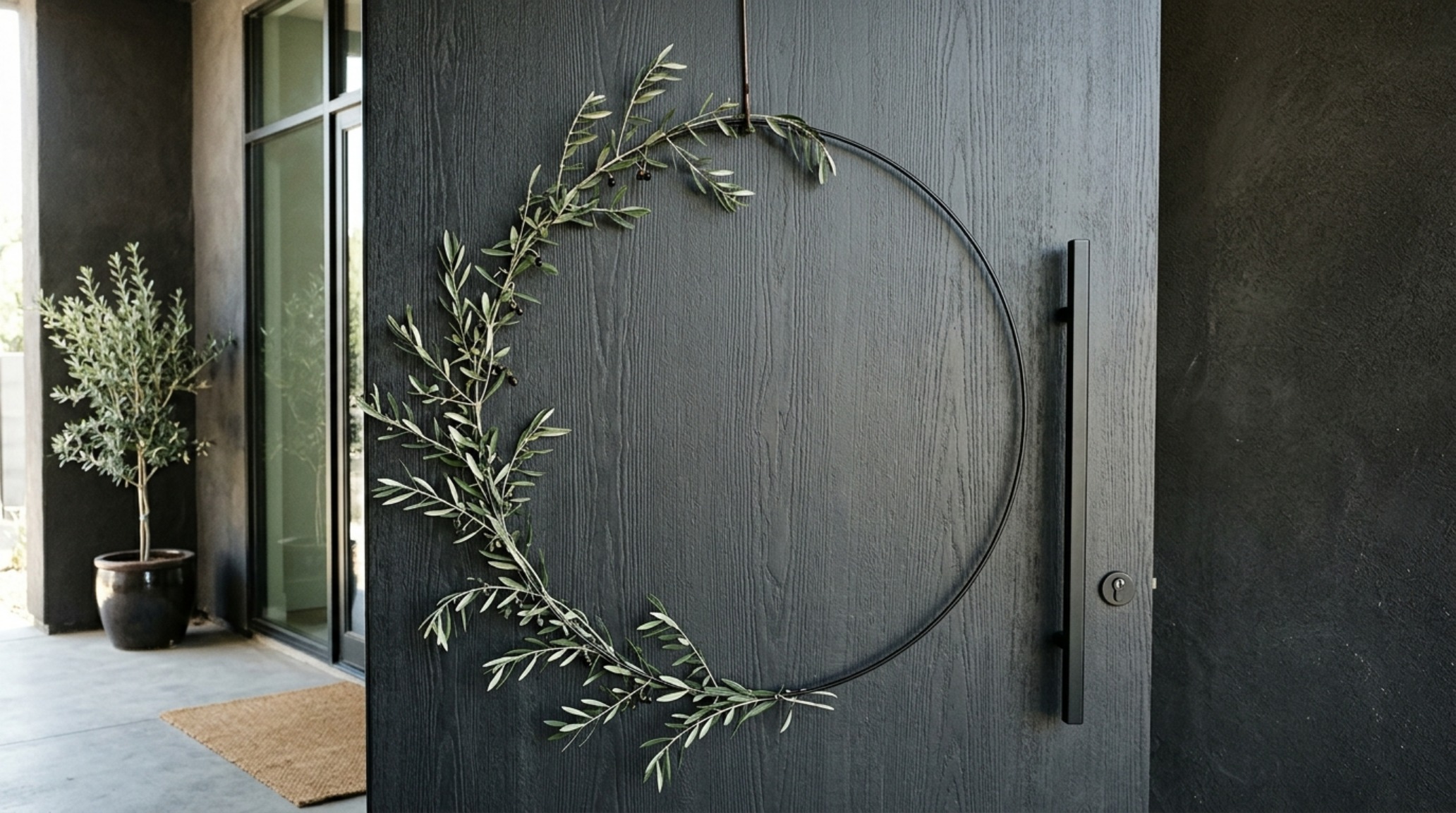 minimalist front door wreaths displayed as an oversized asymmetrical olive branch ring on a slate gray paneled door minimalist front door wreaths displayed as an oversized asymmetrical olive branch ring on a slate gray paneled door
