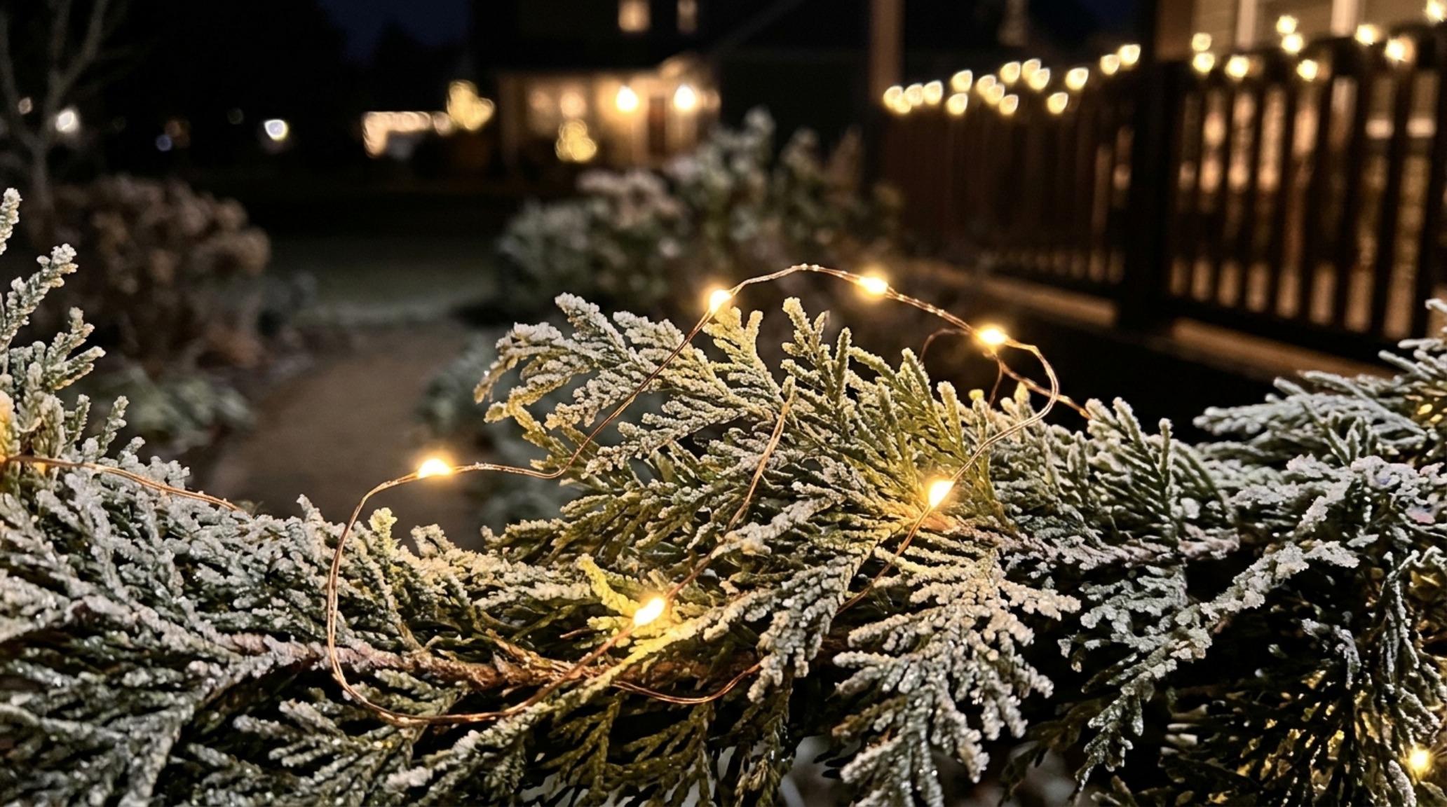 battery operated outdoor holiday lights with 2700K warm glow woven into a lush window box arrangement on a snowy ledge battery operated outdoor holiday lights with 2700K warm glow woven into a lush window box arrangement on a snowy ledge