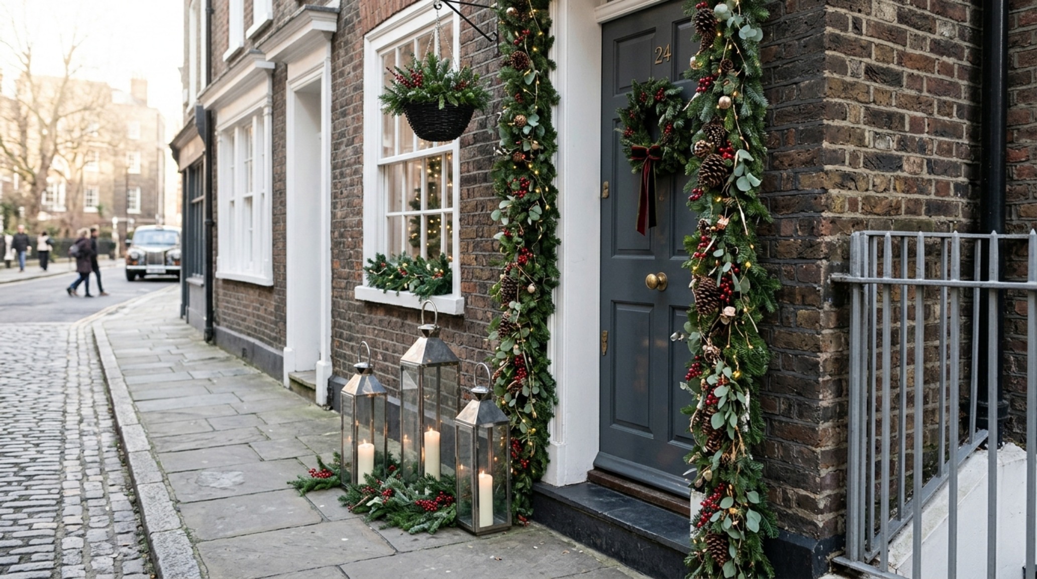 small porch christmas styling using vertical birch poles and slender lanterns to maintain 36-inch walkway clearance small porch christmas styling using vertical birch poles and slender lanterns to maintain 36-inch walkway clearance