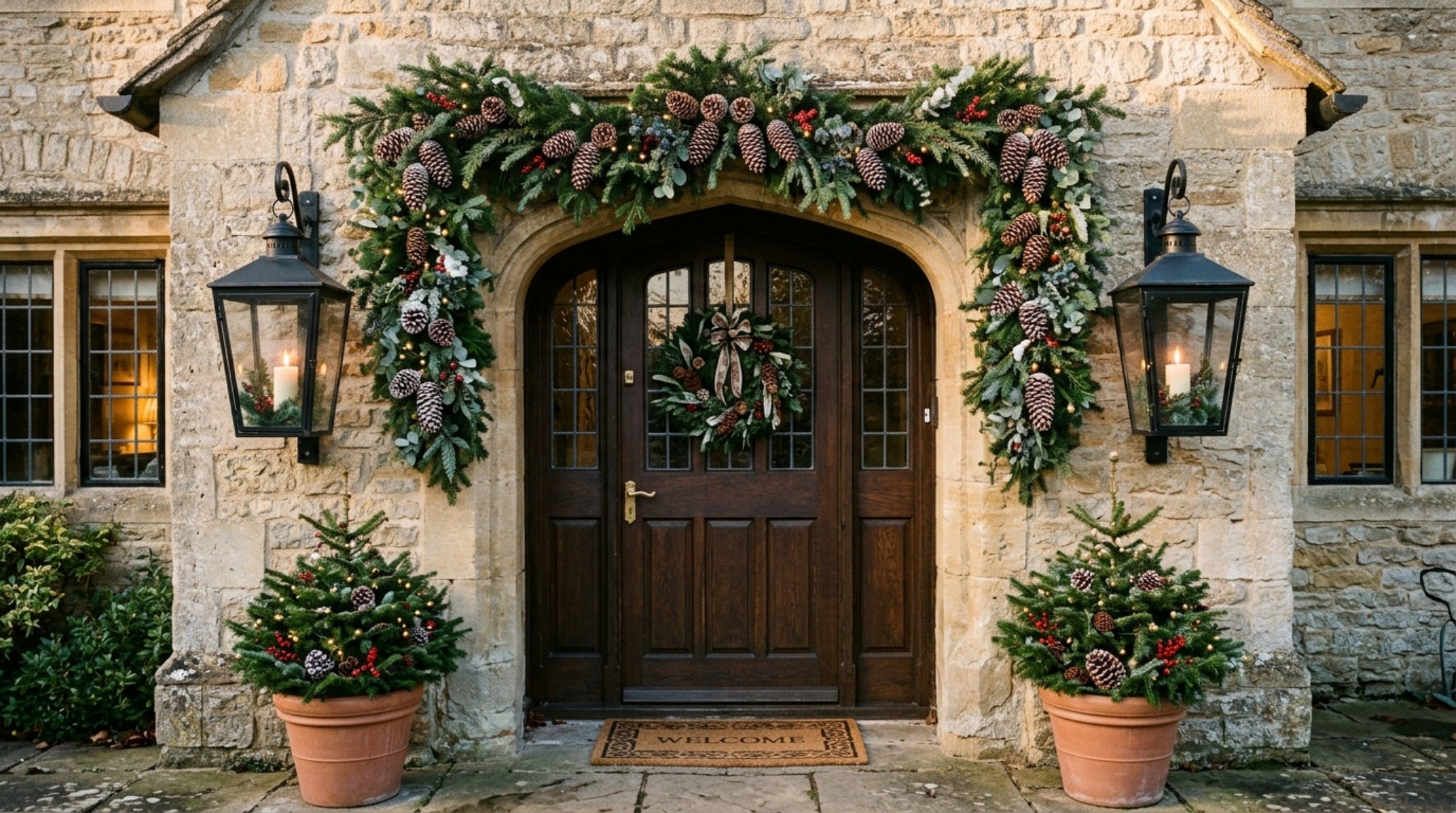 elegant outdoor holiday entryway showing the golden ratio of a 36-inch wreath on a grand double-door entrance elegant outdoor holiday entryway showing the golden ratio of a 36-inch wreath on a grand double-door entrance