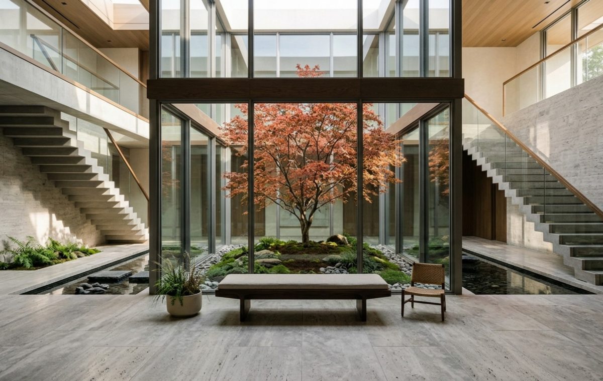 modern luxury indoor courtyards featuring a glass-enclosed central atrium with a Japanese Maple and honed limestone flooring.