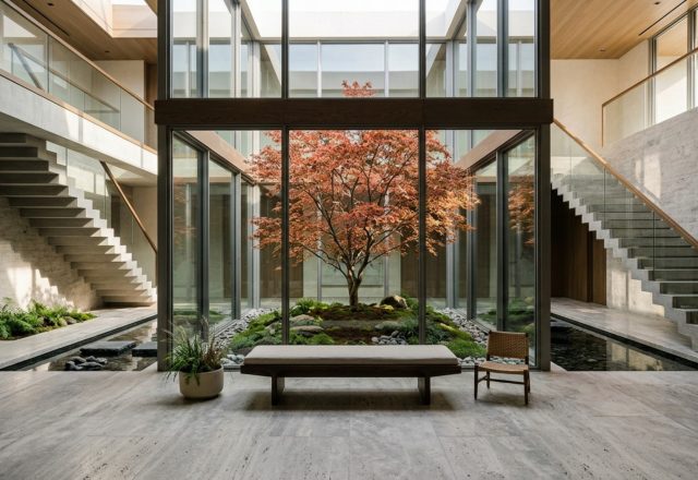 modern luxury indoor courtyards featuring a glass-enclosed central atrium with a Japanese Maple and honed limestone flooring.