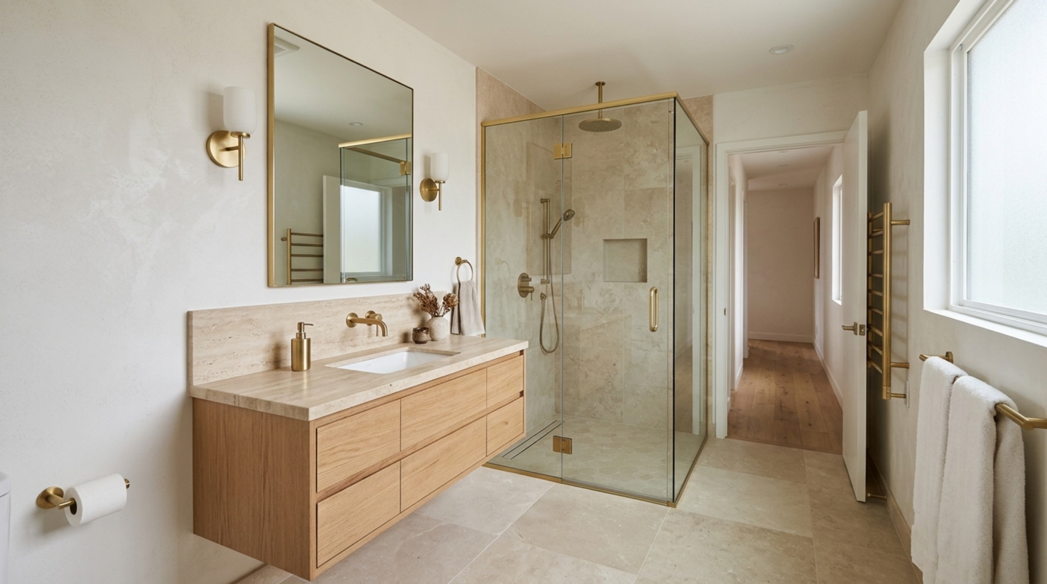 functional residential interior flow in a master suite with a floating vanity and 15-inch toe-kick clearance for ergonomic ease.
