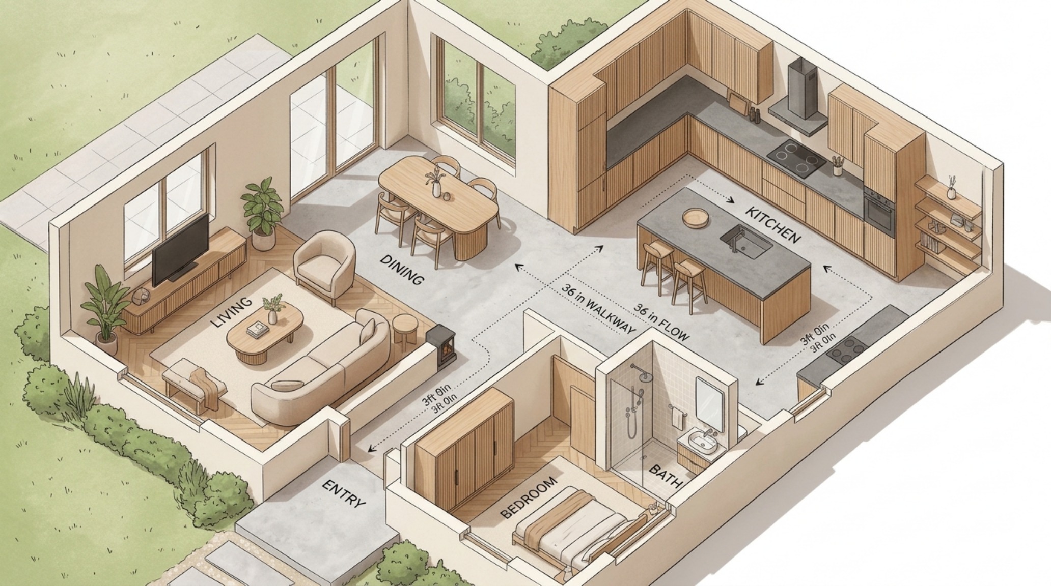 house floor plan optimization shown through a minimalist open-plan living area with 36-inch clear circulation paths and oak flooring.