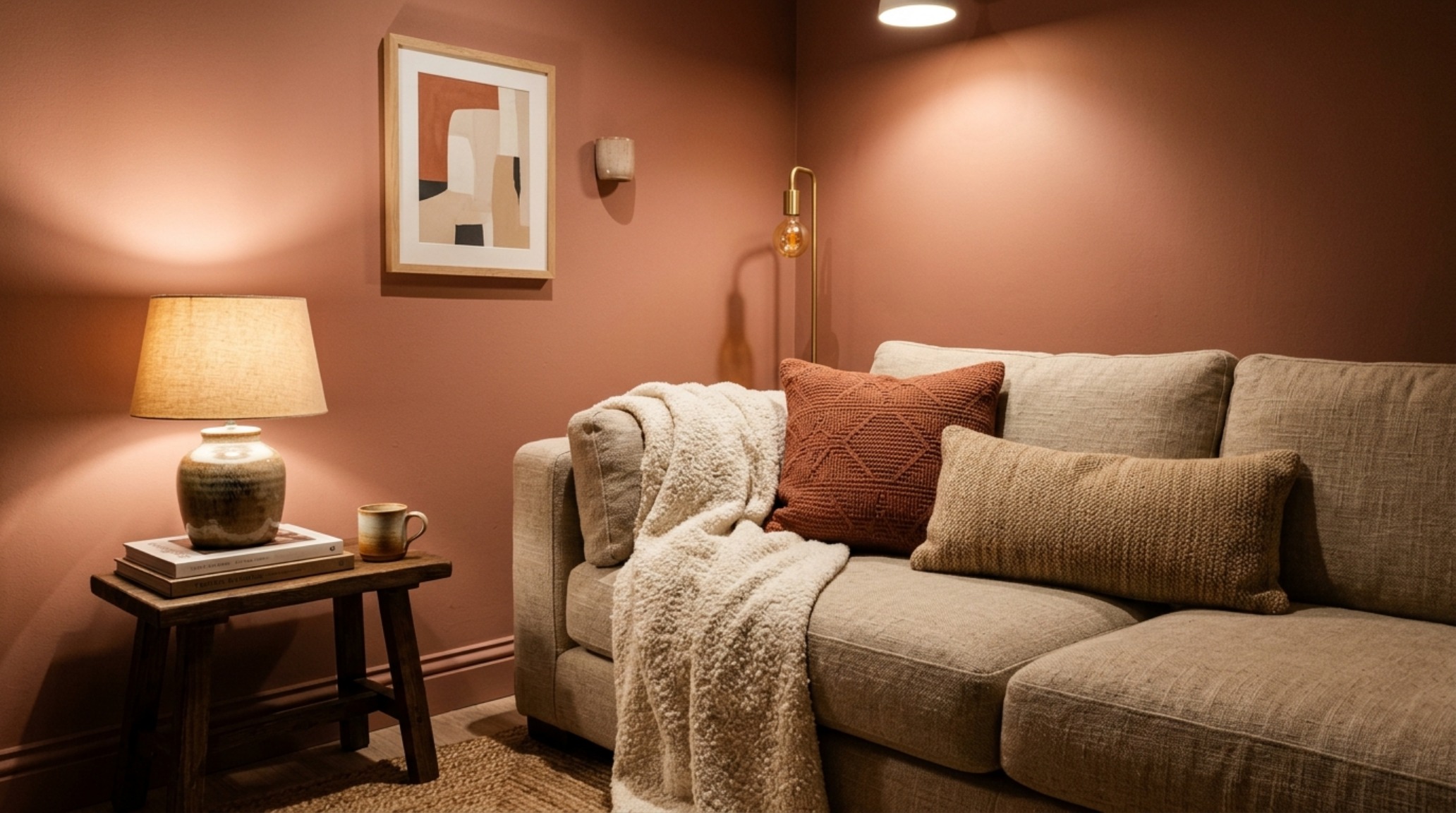 interior design color palette 2026 highlighting Farrow & Ball Setting Plaster walls and 2700K ambient recessed lighting in a lounge.