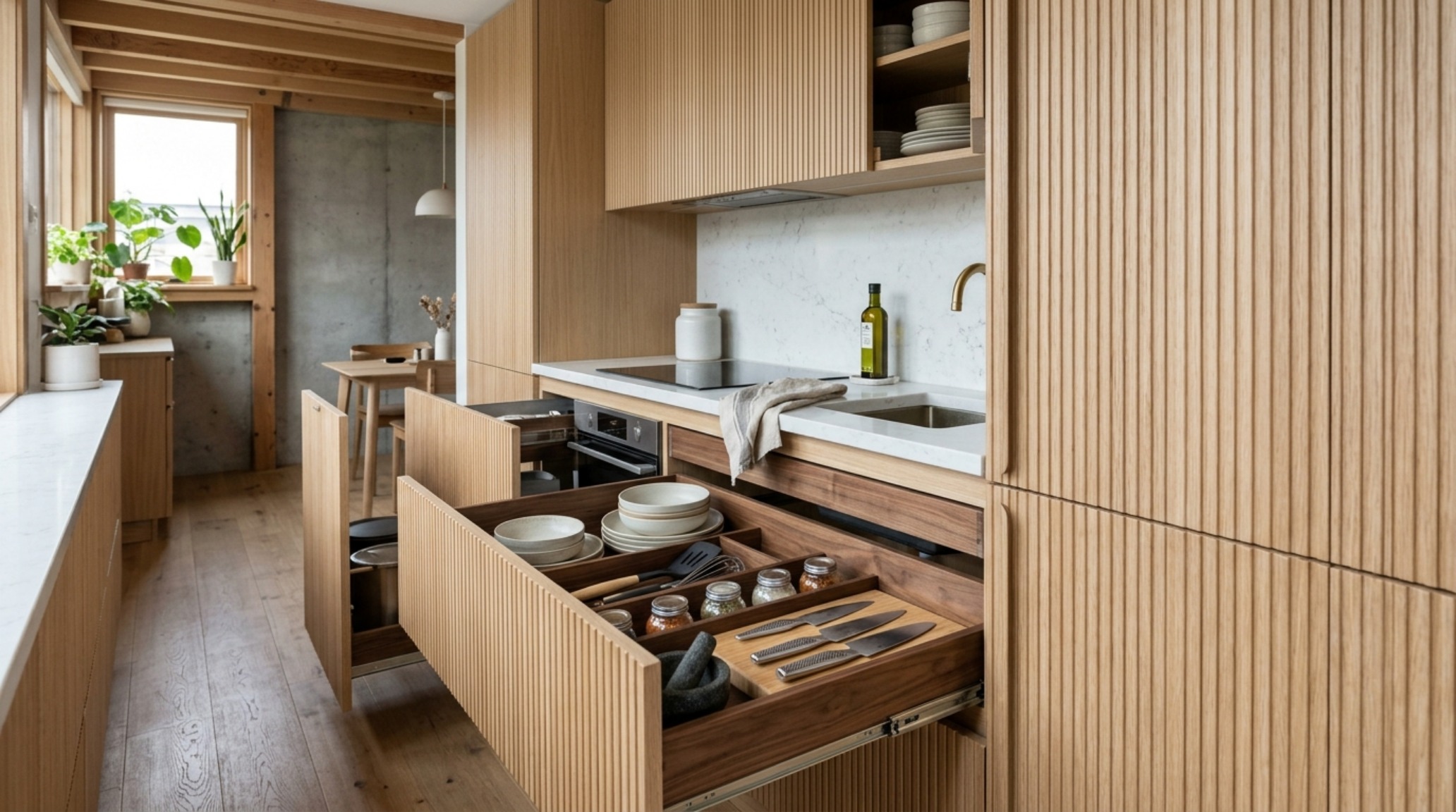 small house storage solutions featuring fluted white oak kitchen cabinetry with handleless 650mm depth pull-out pantry systems.