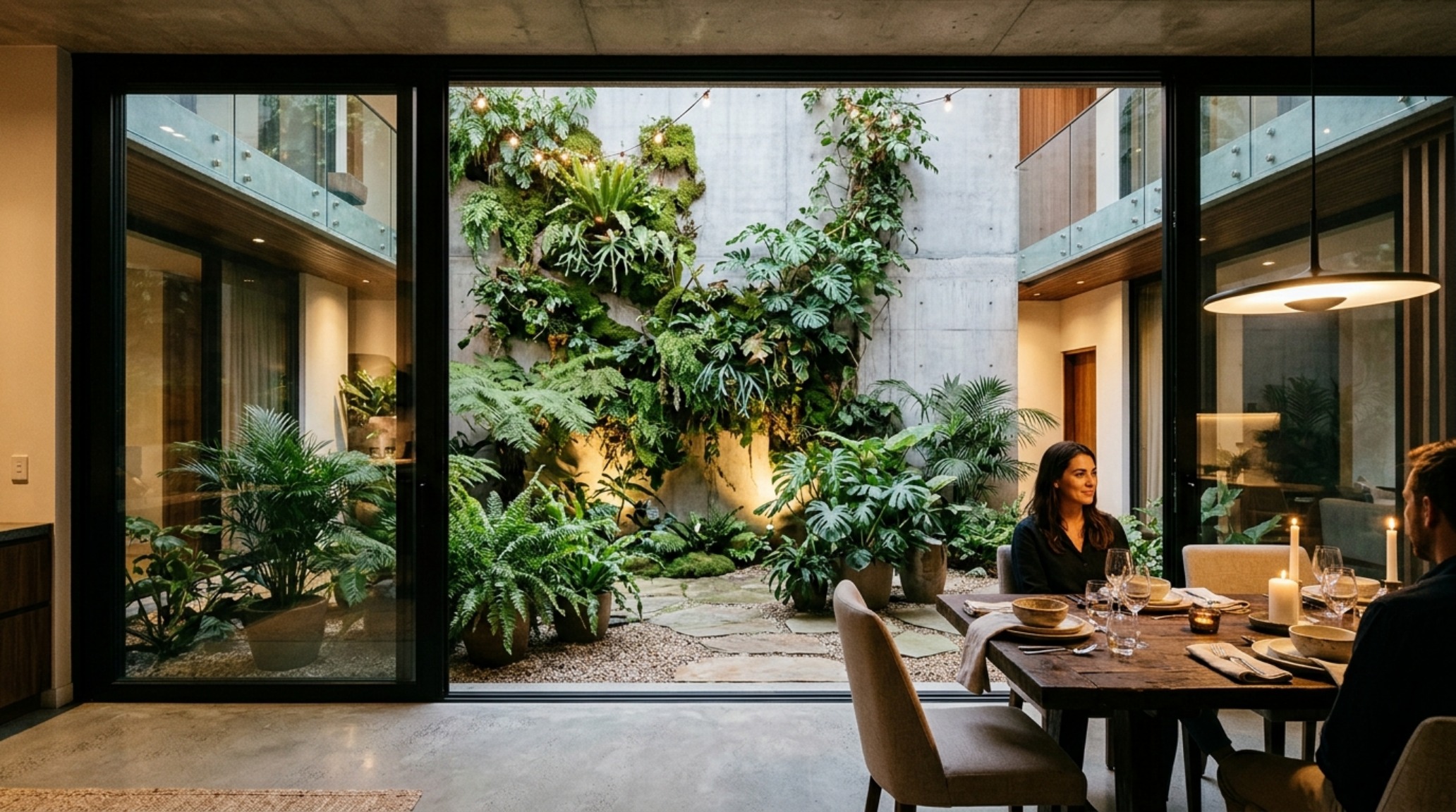 modern luxury indoor courtyards at sunset with integrated floor lighting and large-format porcelain pavers connecting to the living room.