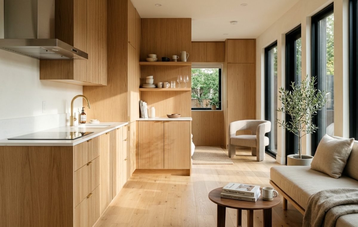 small modular home floor plans featuring an open-concept kitchen and living area with 36-inch walkway clearances and floor-to-ceiling fluted oak cabinetry.