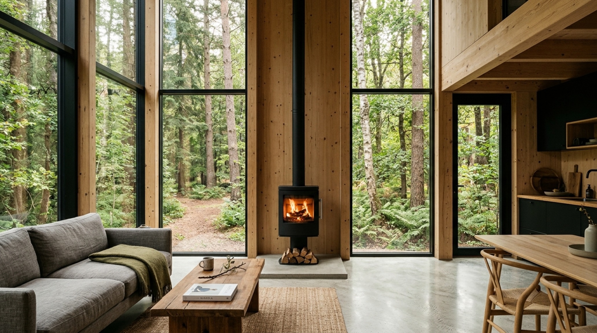 eco-friendly modular cabins lounge area with a minimalist fireplace and large windows framing a coastal landscape view.