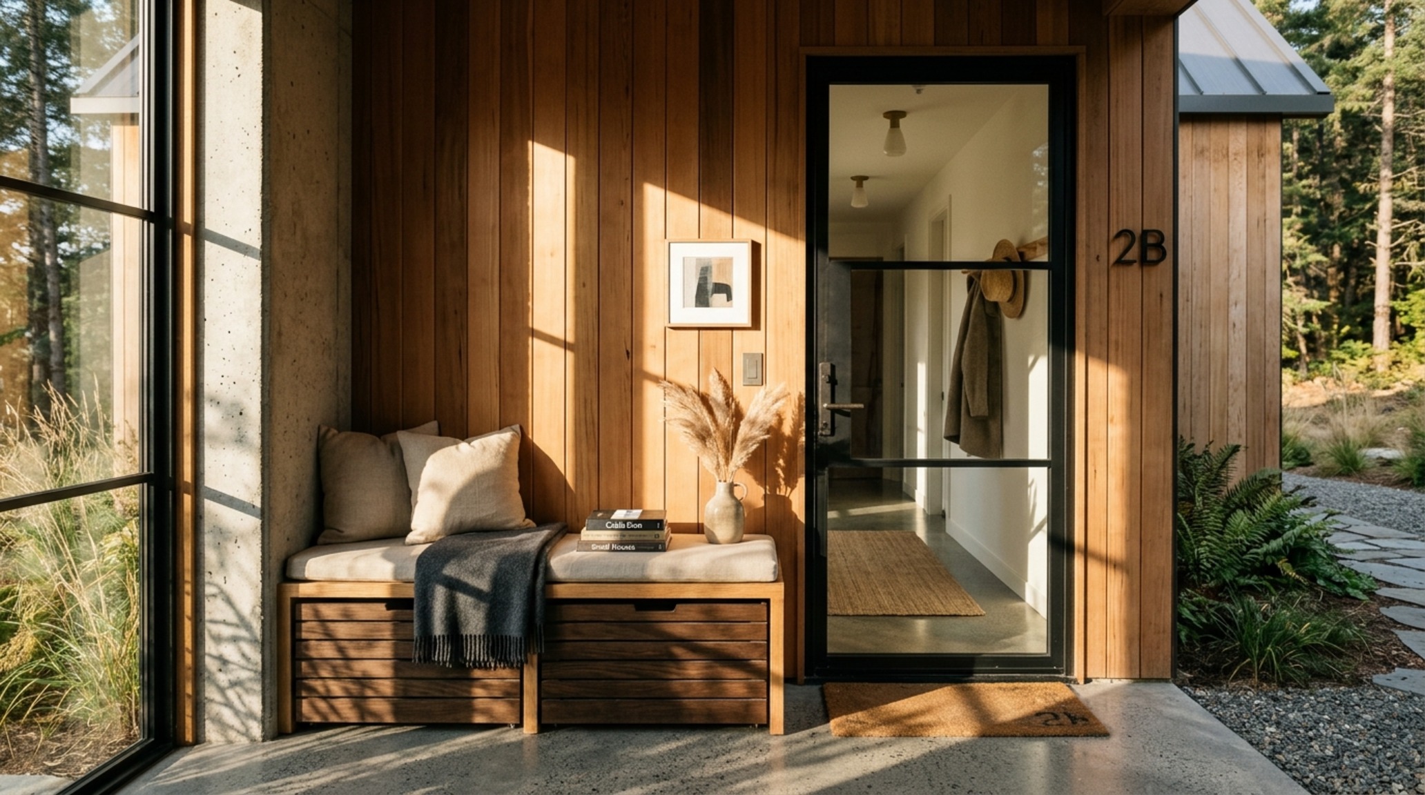 prefabricated guest houses entryway with built-in bench storage and a custom steel-framed glass door for natural light penetration.