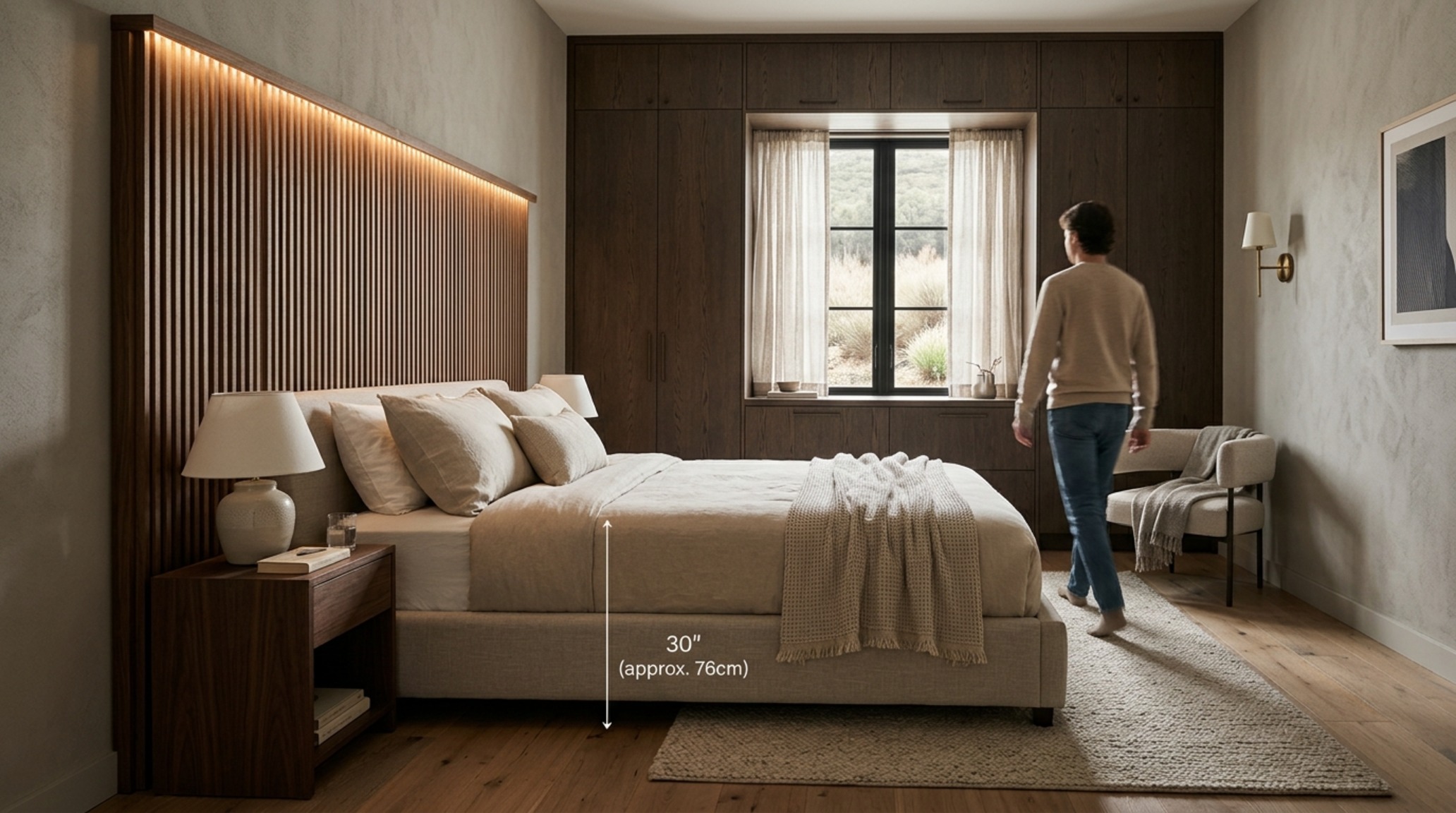 small modular homes master suite with 30-inch bedside clearances and integrated bedside lighting for a boutique hotel feel.