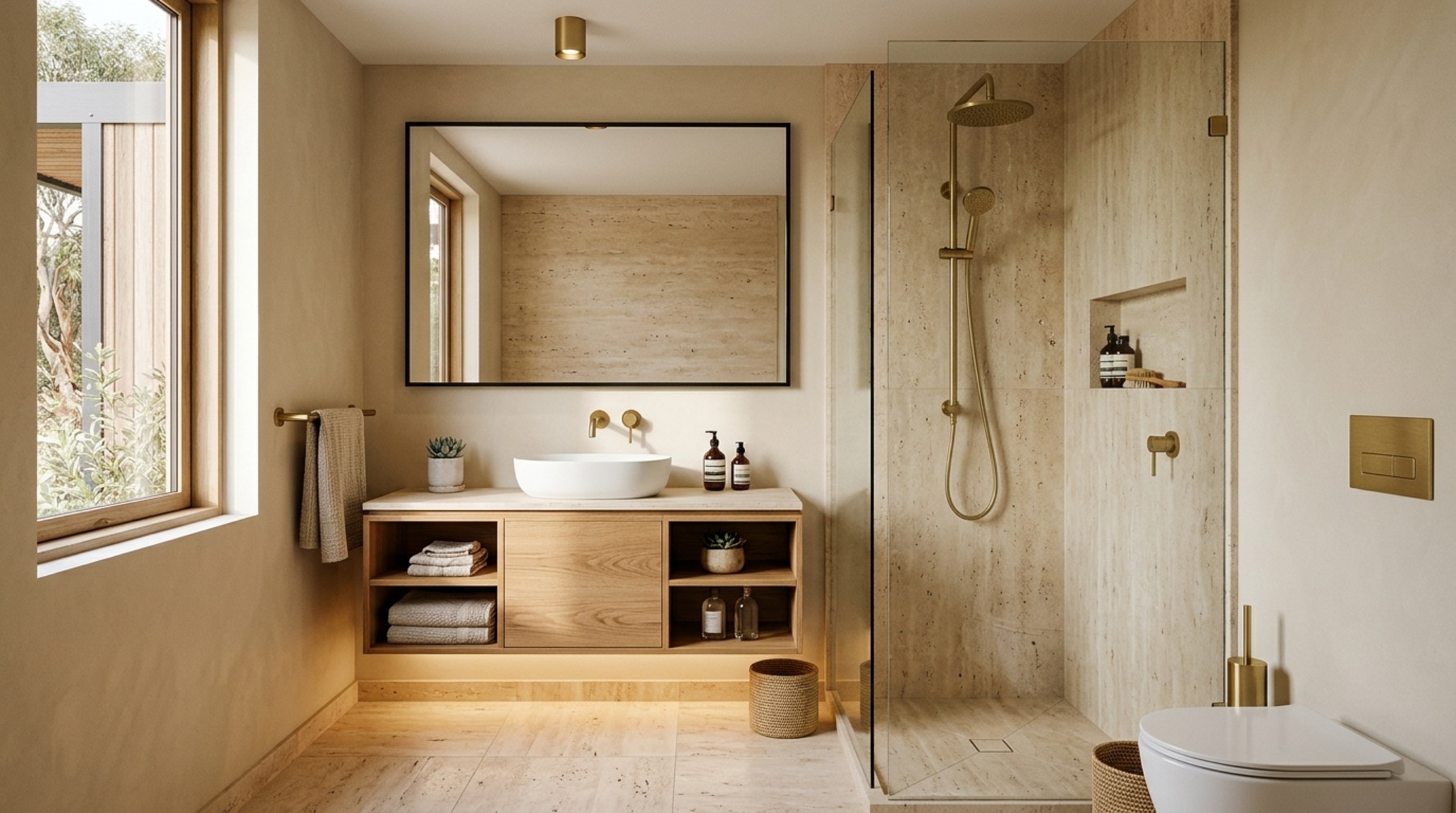 luxury small modular units bathroom with a floating vanity in white oak and honed travertine floors featuring a wall-mounted brass faucet.