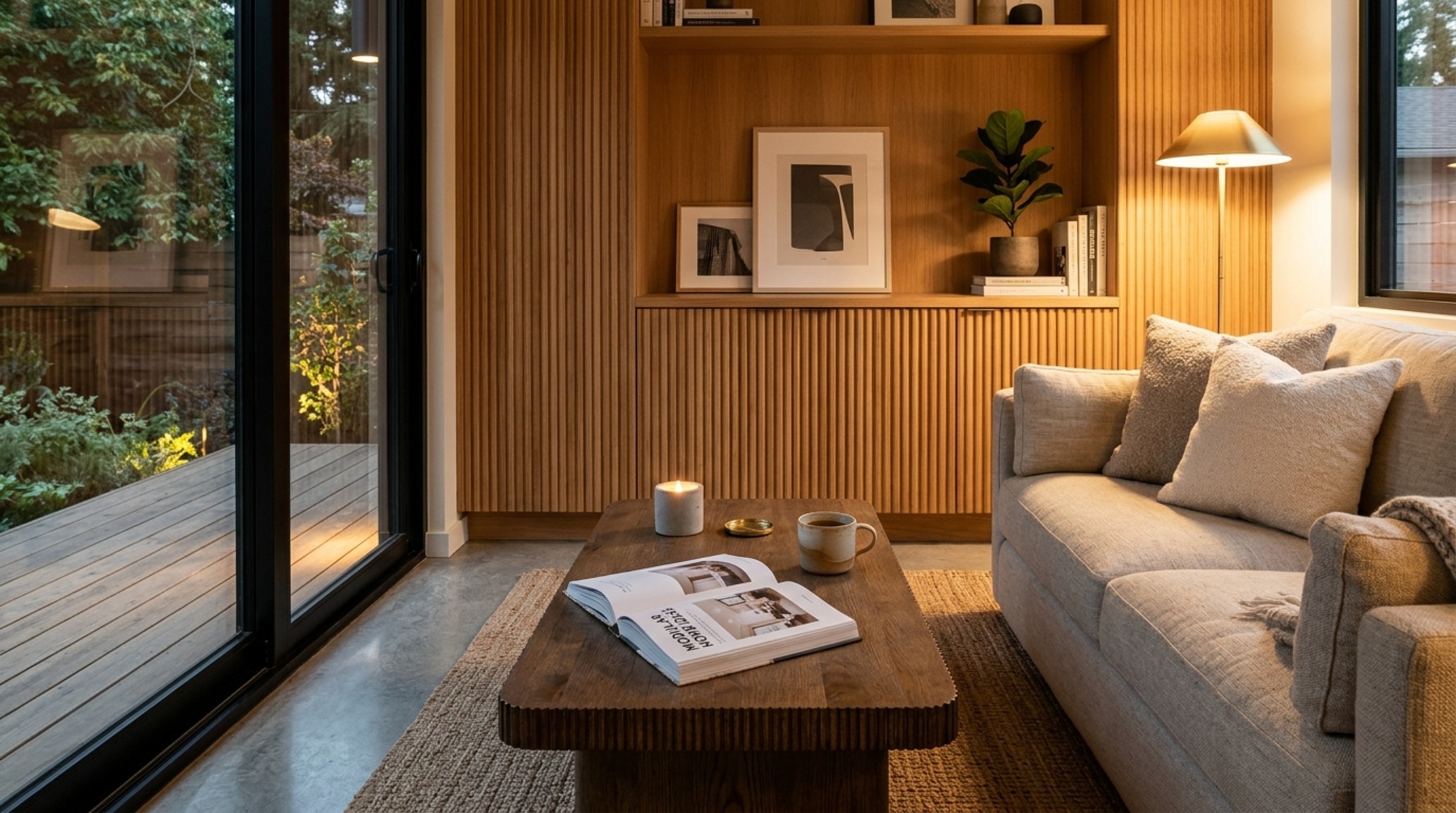 modular ADU design ideas for a living area with an 18-inch coffee table reach and a 2700K warm ambient lighting scheme.