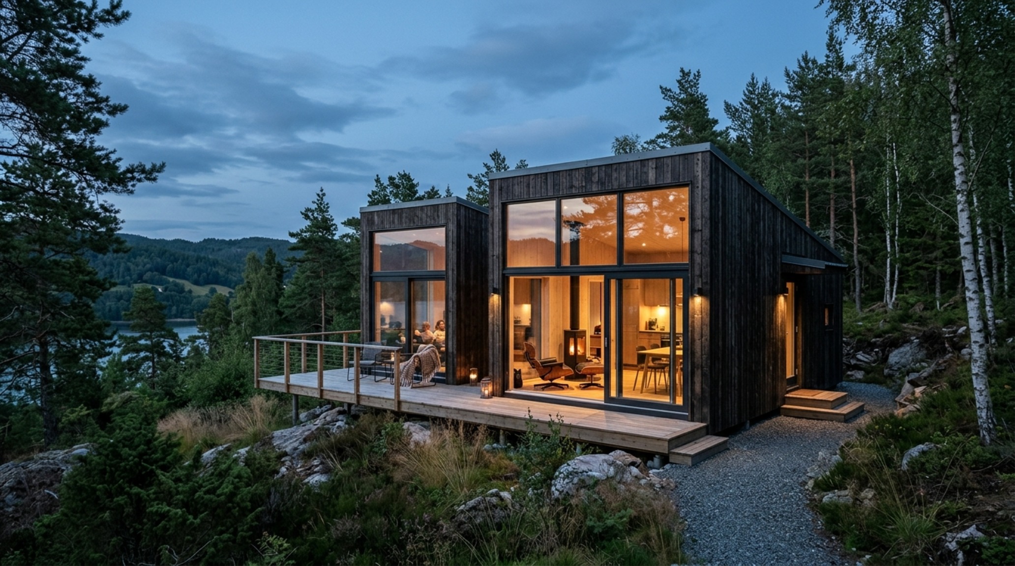 eco-friendly modular cabins exterior at dusk with Shou Sugi Ban charred cedar siding and large high-efficiency thermal glass panels.