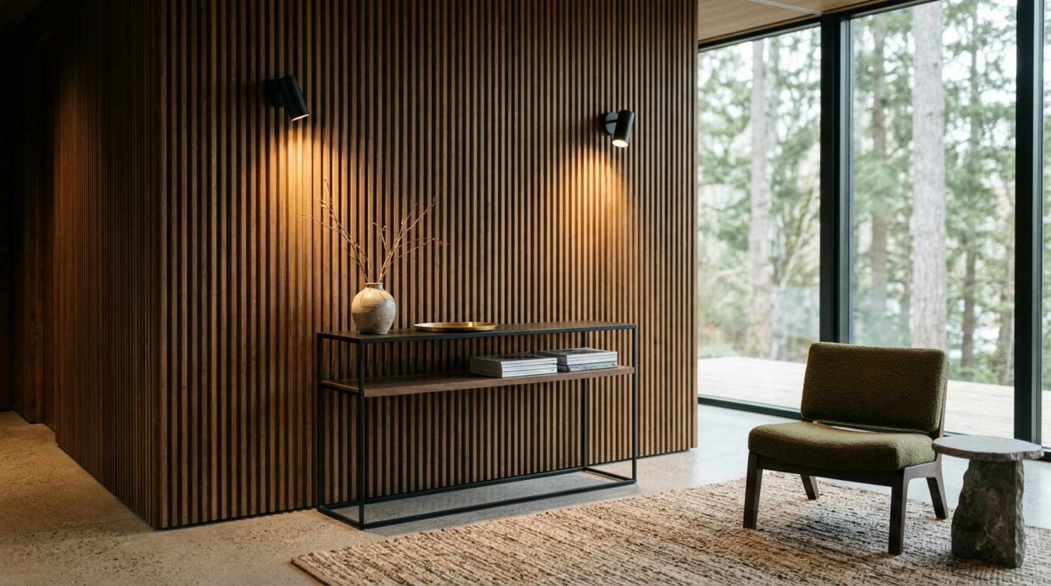 prefabricated guest houses interior detail of a fluted wood feature wall with 3000K directional task lighting and high CRI output.
