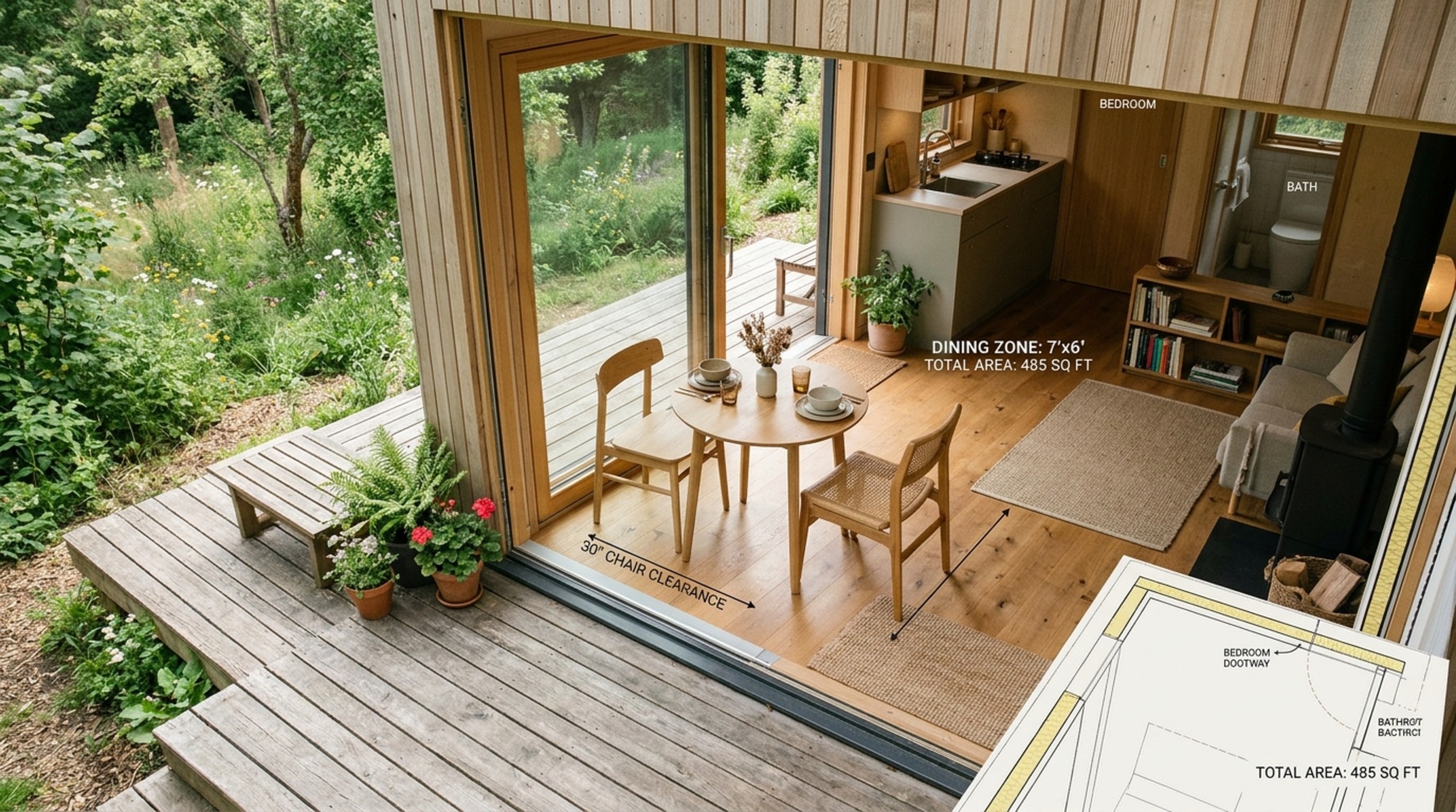 small modular home floor plans layout showing a centralized plumbing core and a seamless transition between a compact dining area and outdoor deck.