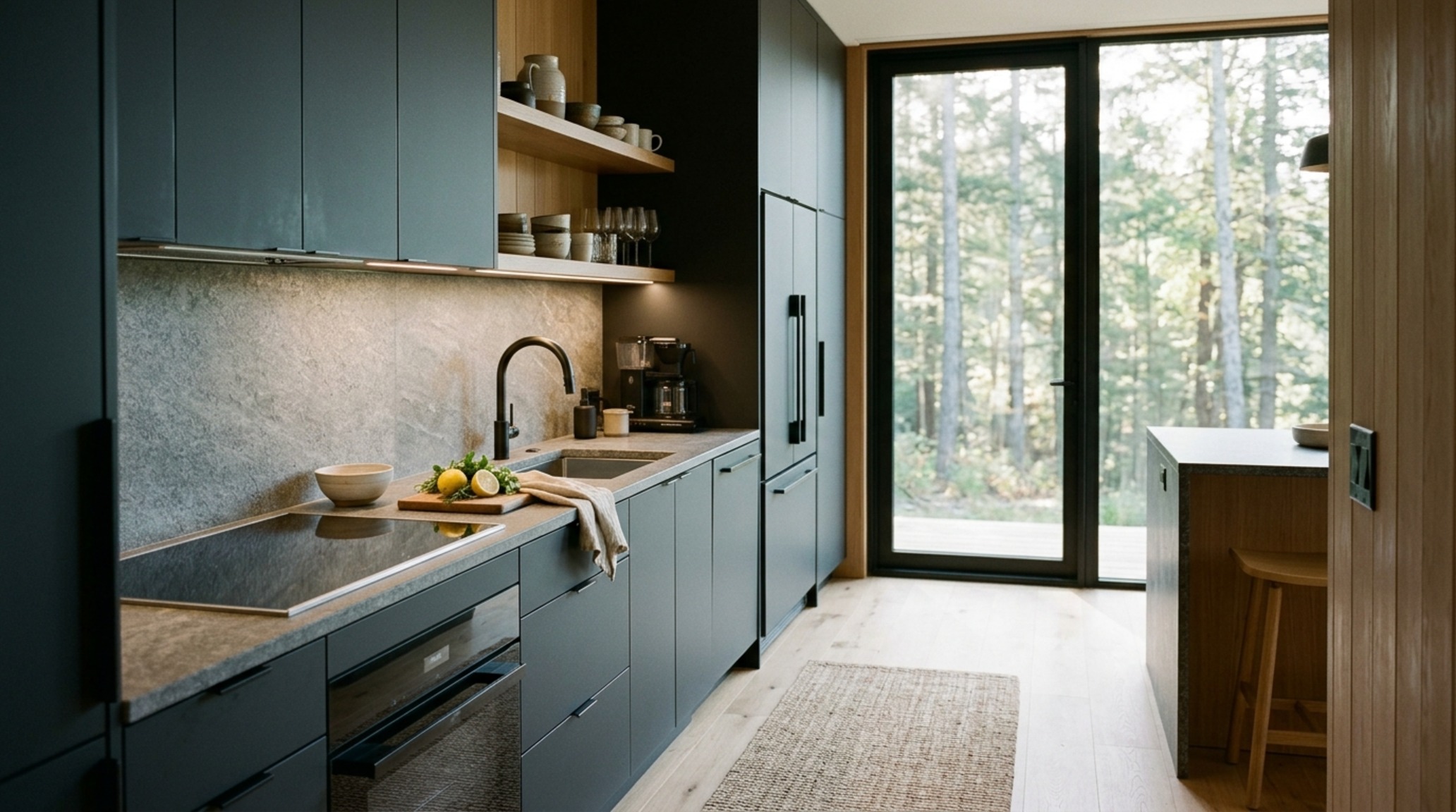 luxury small modular units kitchen with a 42-inch work aisle and integrated matte charcoal appliances against a stone backsplash.