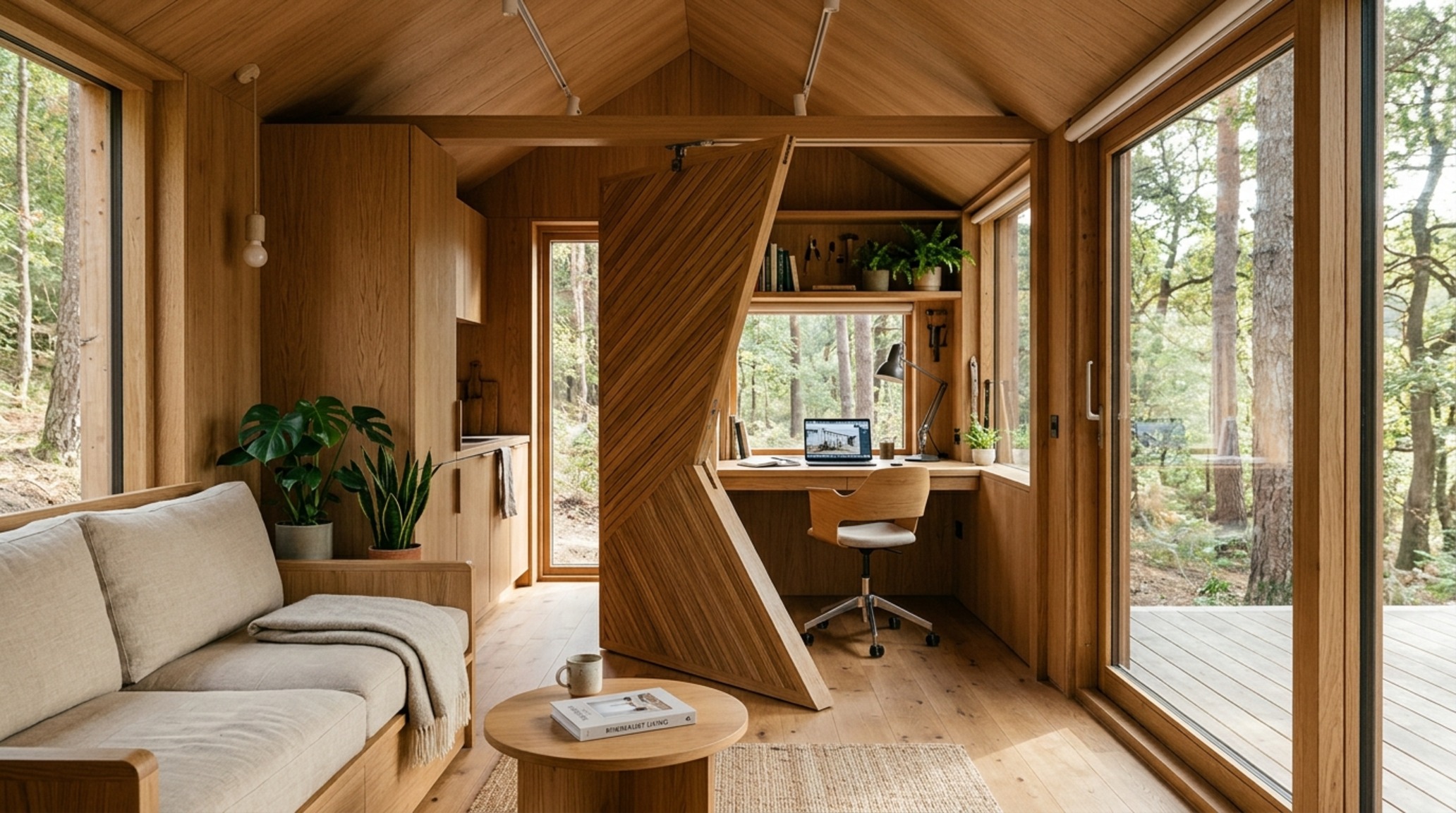 modern prefab tiny houses living space featuring a pivot wall partition that conceals a home office with built-in desk and shelving.
