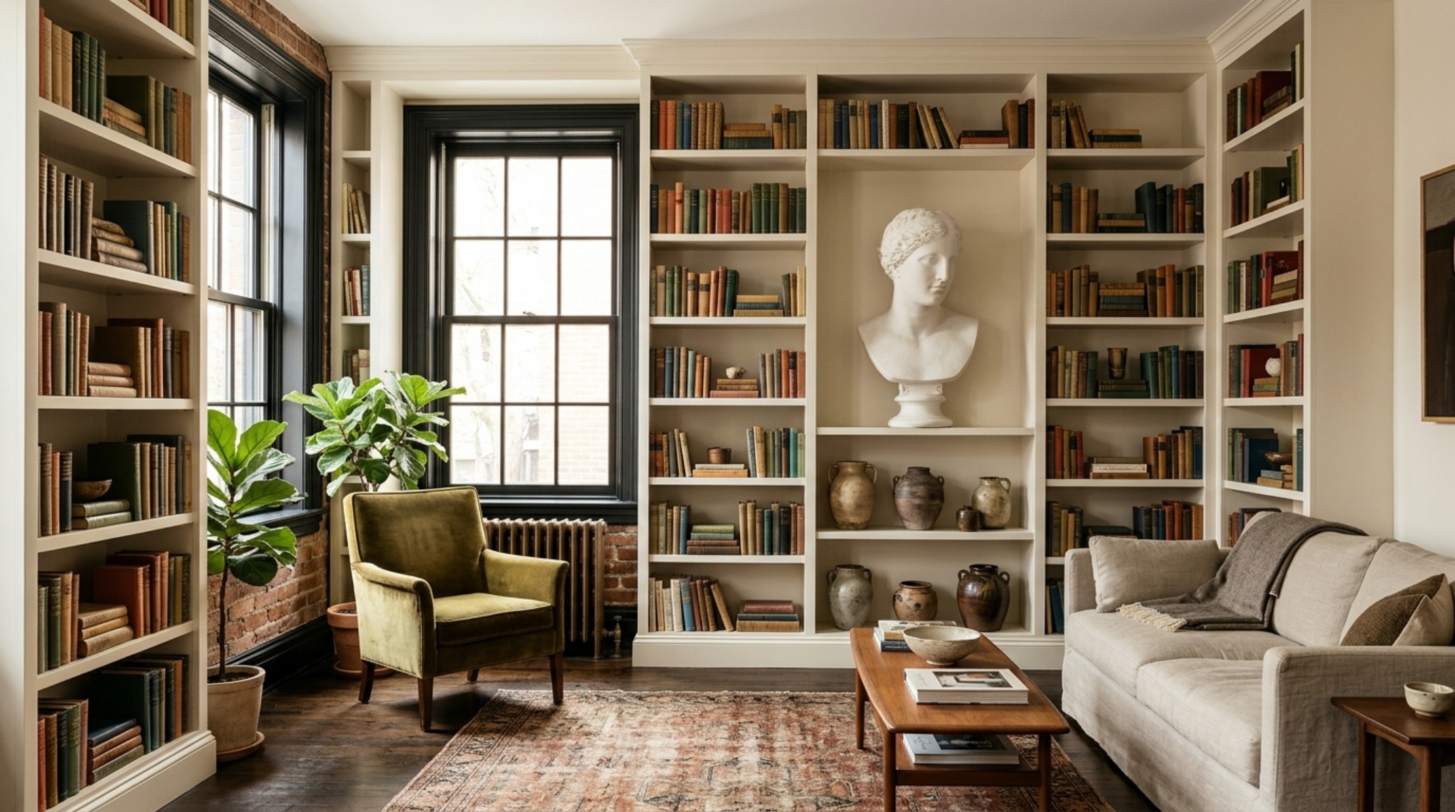 Floor-to-ceiling bespoke shelving in a New York apartment living room designed by Alexander Reid, featuring curated book stacks and negative space breathing room.