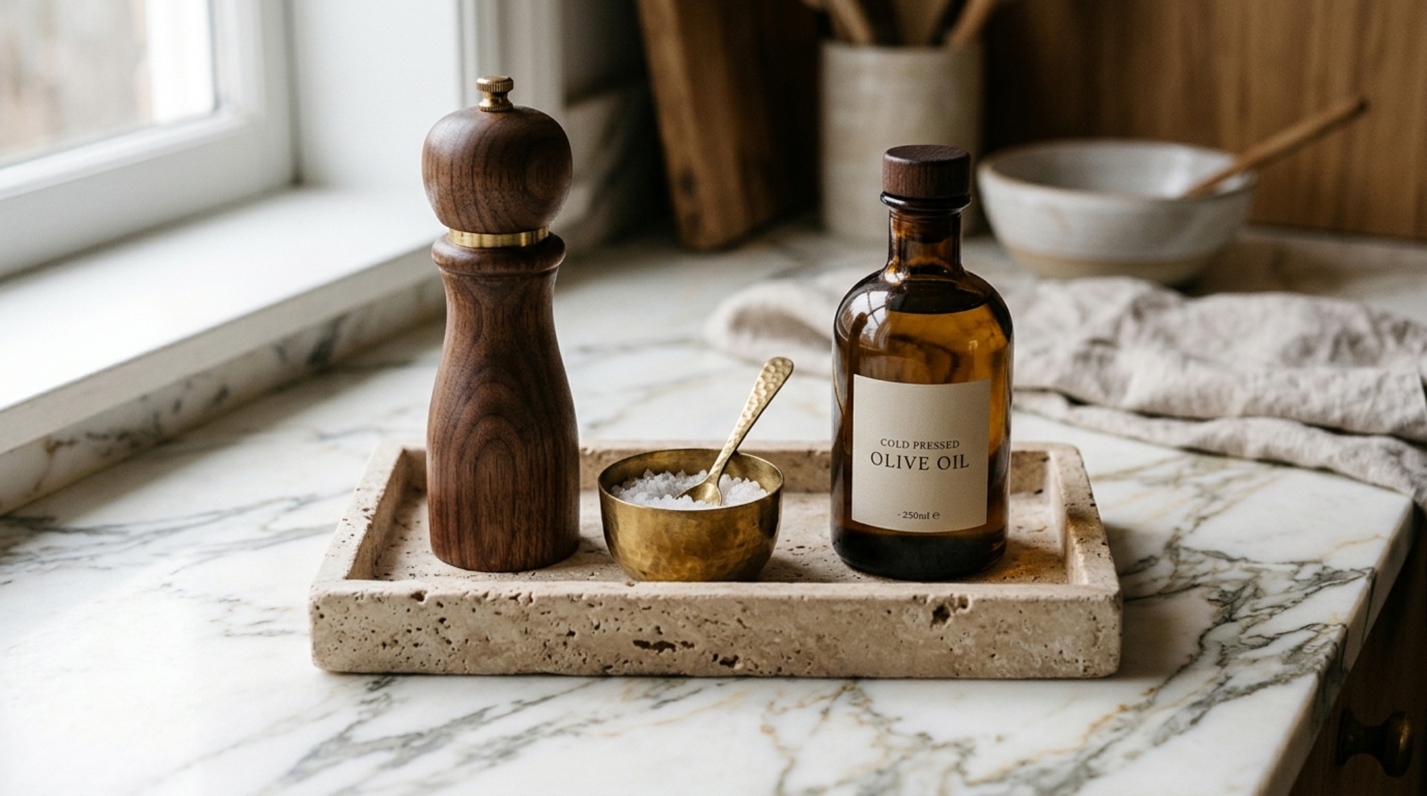 Close-up of a kitchen tray system using honed travertine to organize oils and spices, a signature Alexander Reid small space storage hack.