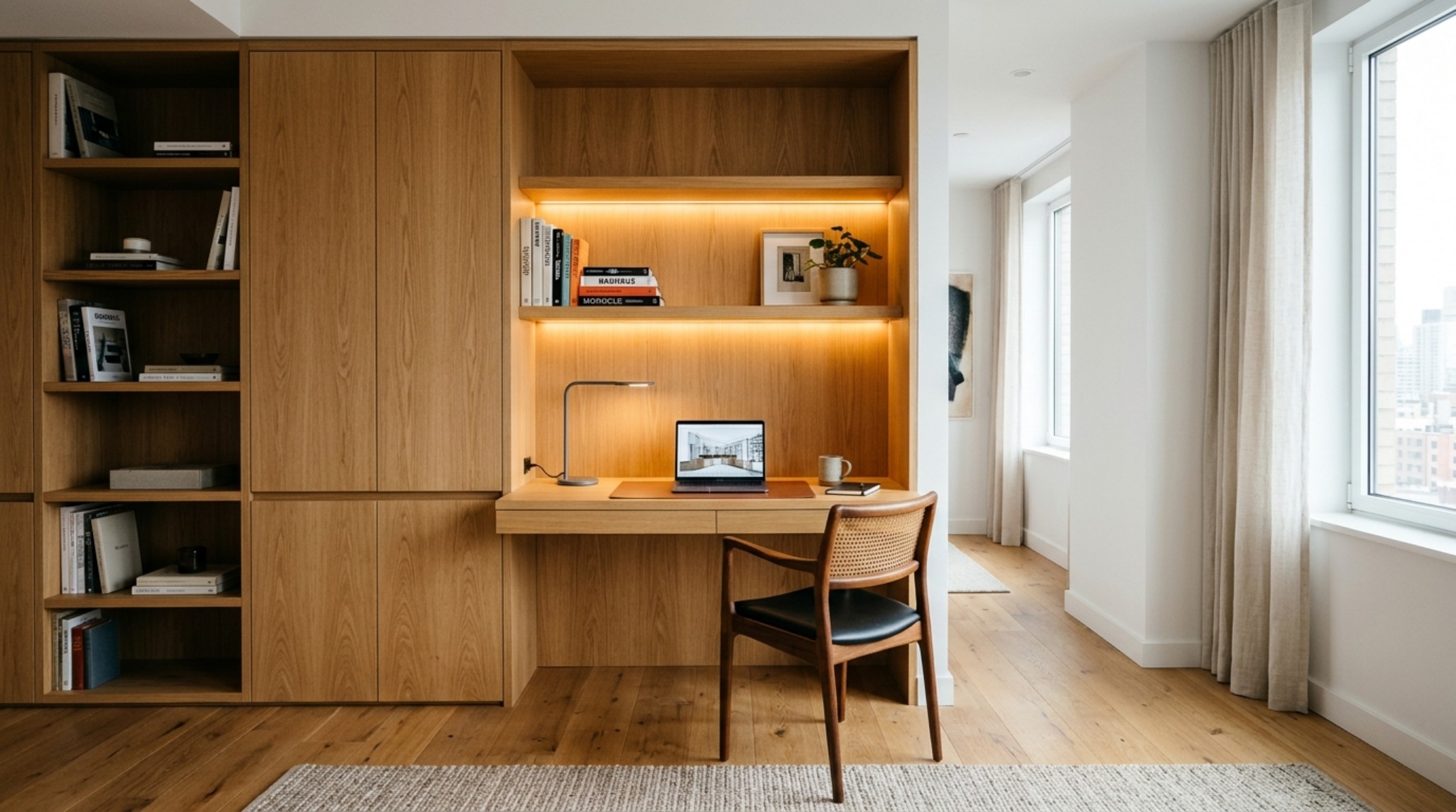 Integrated desk alcove within a wall of built-in cabinetry, demonstrating masculine modern small apartment aesthetic and spatial efficiency.