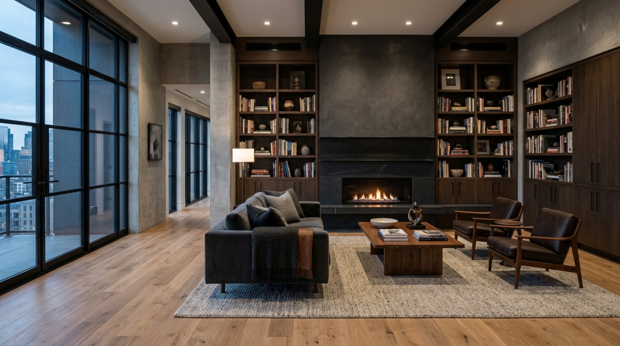 Wide-angle shot of a West Village pre-war living room showing 36-inch walkway clearances and sightline alignment through custom built-ins.