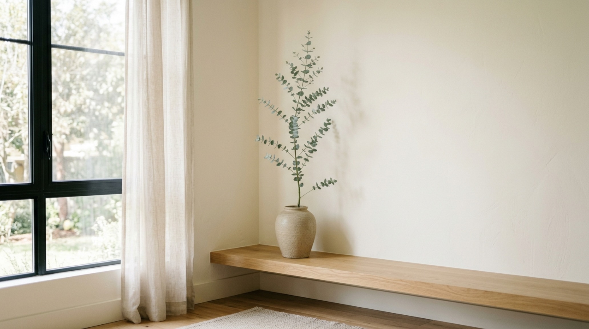Natural sunlight streaming across a layered neutral living room palette inspired by Alexander Reid's use of Benjamin Moore Swiss Coffee.