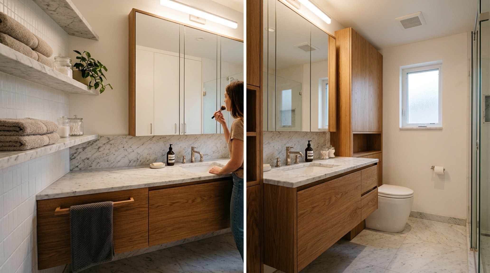 Bespoke bathroom vanity with unlacquered brass fixtures and clean architectural lines, optimizing small space luxury.