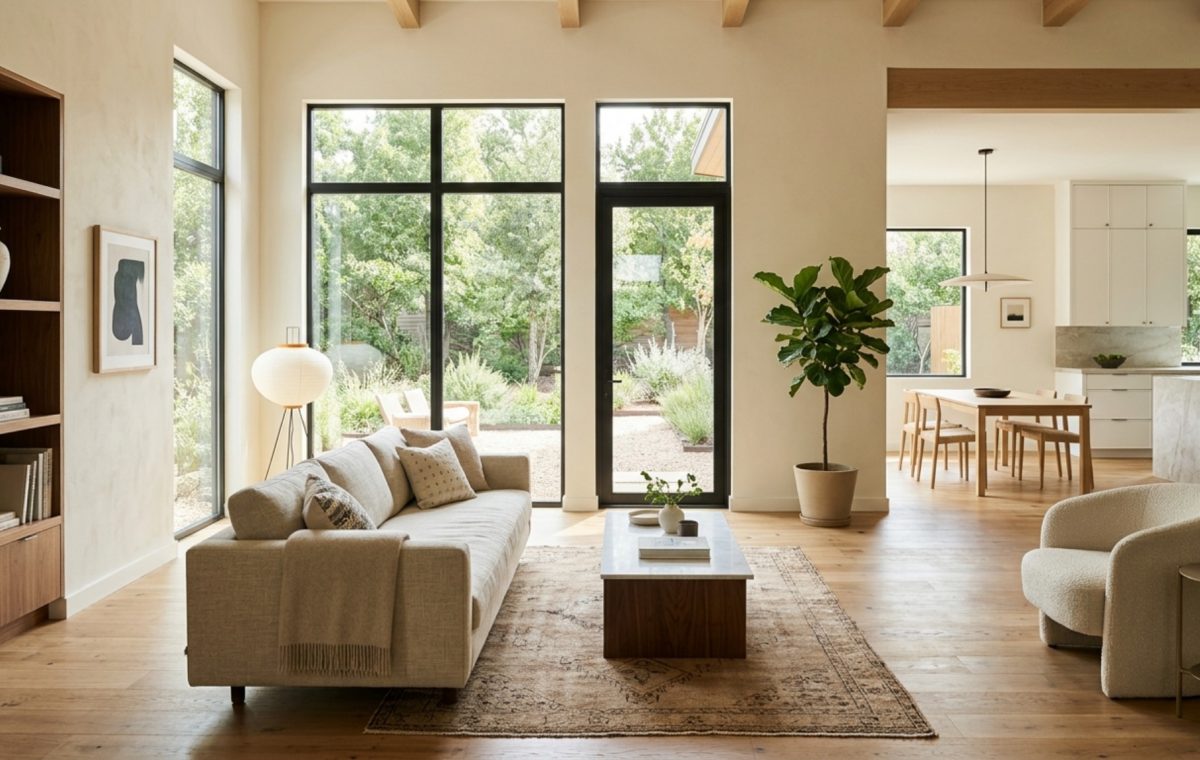 A sophisticated open-concept living room featuring Benjamin Moore Swiss Coffee walls, 36-inch clear walkways, and soft natural light from floor-to-ceiling windows.