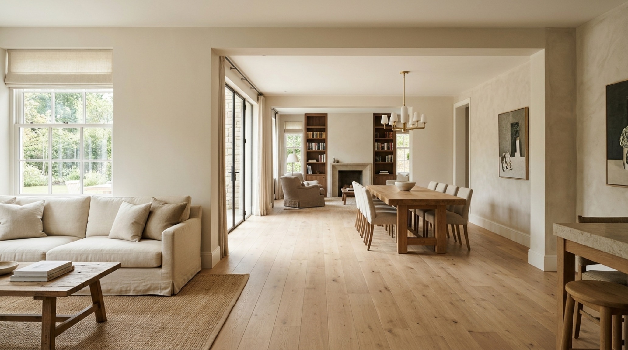 Wide-angle architectural shot of a home interior demonstrating perfect sightline alignment and negative space breathing room in a neutral palette.