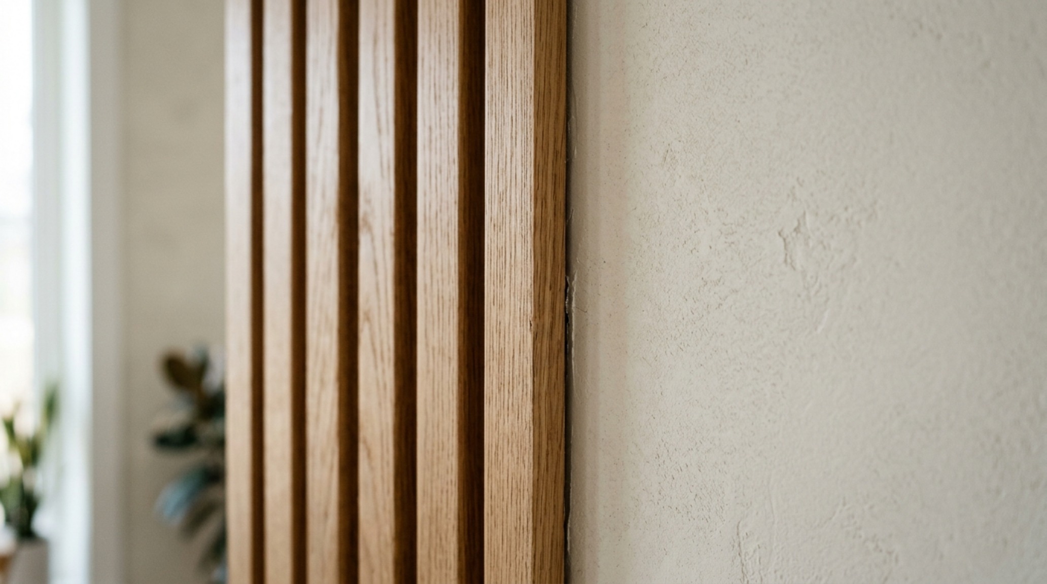 Close-up of tactile materiality showing fluted white oak cabinetry against a matte neutral wall, highlighting the Property Brothers never paint walls decor ideas for texture.