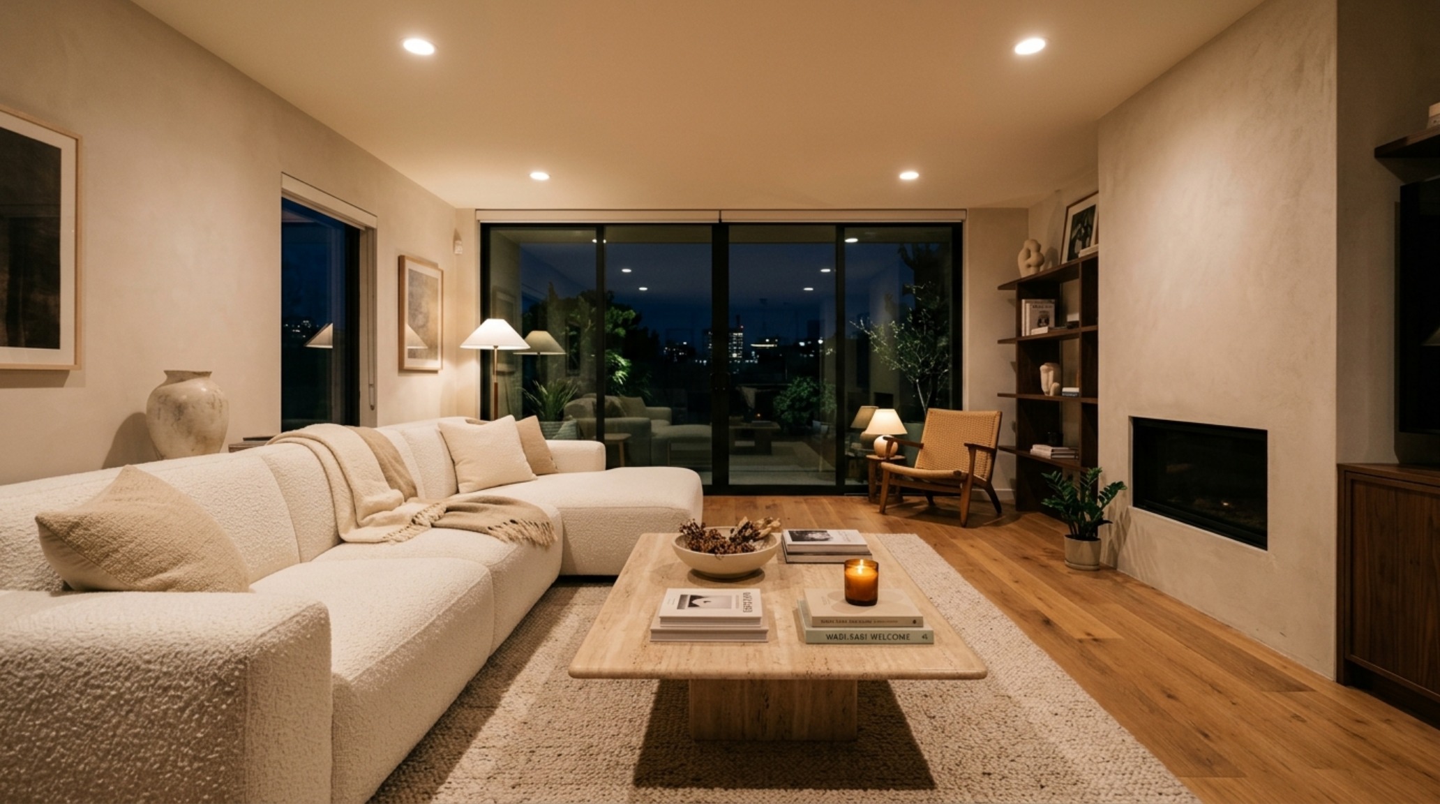 An ergonomically designed living area with an 18-inch coffee table reach and 2700K warm ambient lighting, demonstrating professional spatial cadence.