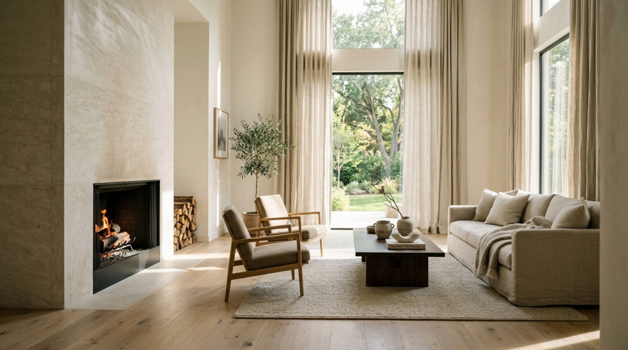 Modern luxury interior showcasing a monochromatic palette with Belgian linen textures and honed travertine fireplace, following architectural blueprint principles.