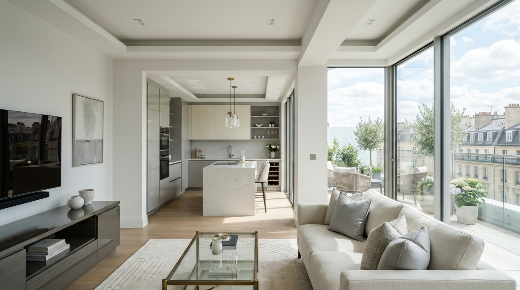 Small space design utilizing light-reflective neutrals and high-CRI lighting to expand visual volume and enhance sightline alignment.