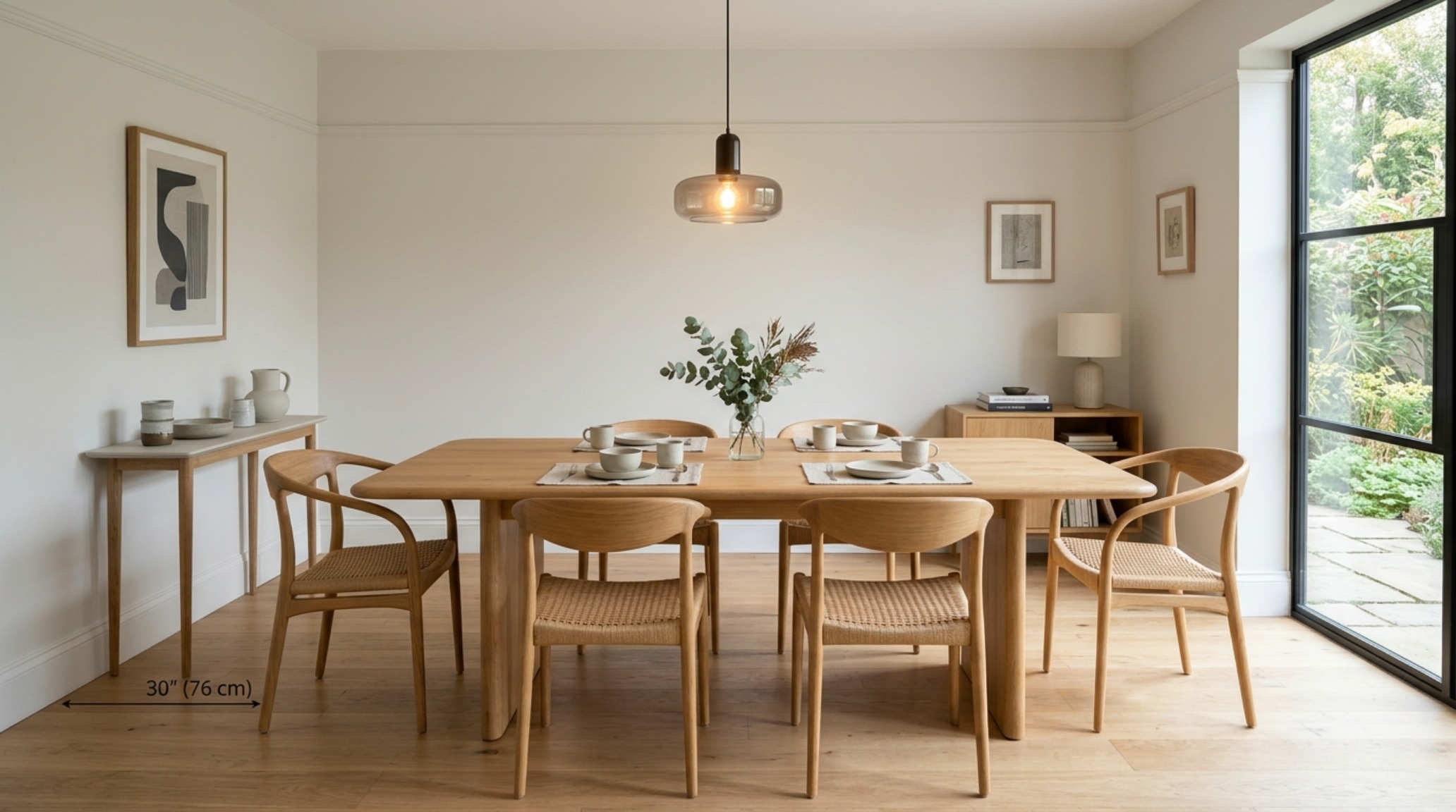 Dining area with 30-inch chair clearance and a minimalist architectural finish, exemplifying the property brothers never paint walls decor ideas layout.