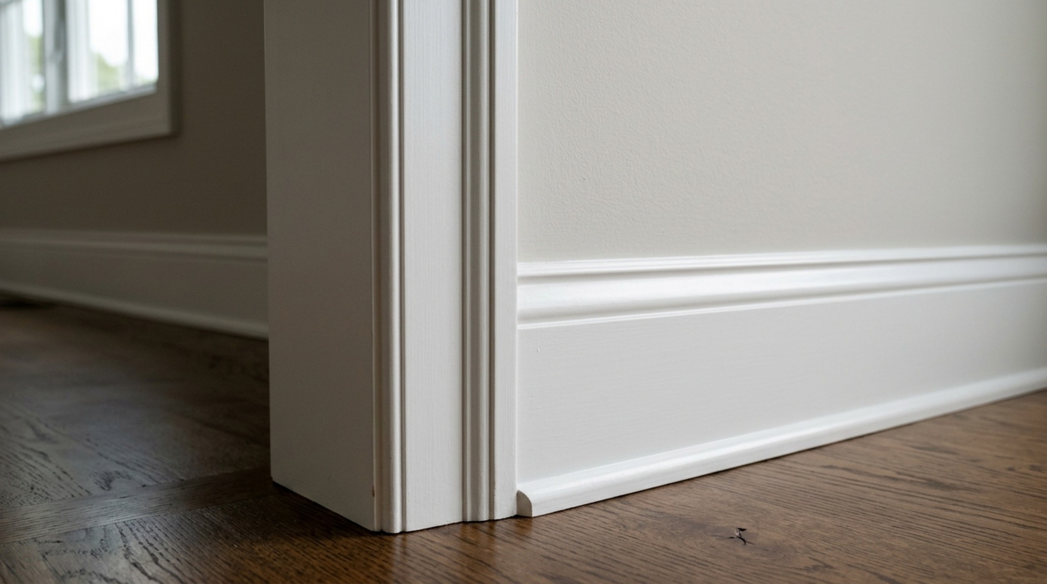 Architectural detail of a shadow line transition between matte neutral walls and satin-finish white trim, illuminated by directional 3000K task lighting.