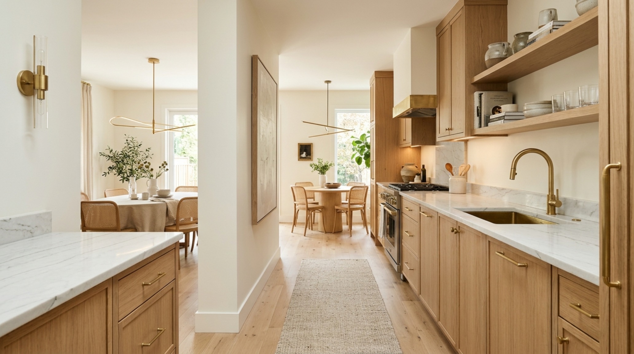 Luxury kitchen and living transition with rift-sawn white oak flooring and brushed brass accents, emphasizing material synergy and longevity.