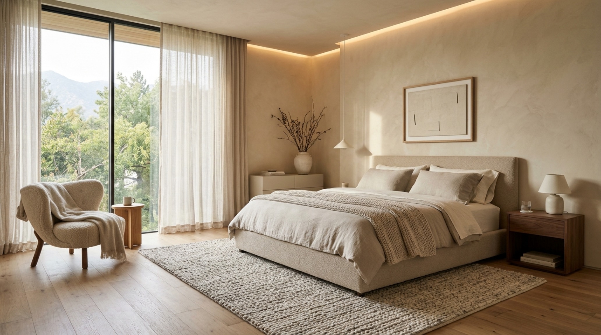 A serene master suite featuring limewash wall finishes and tiered high-end lighting, focusing on the Property Brothers never paint walls decor ideas for a restful atmosphere.