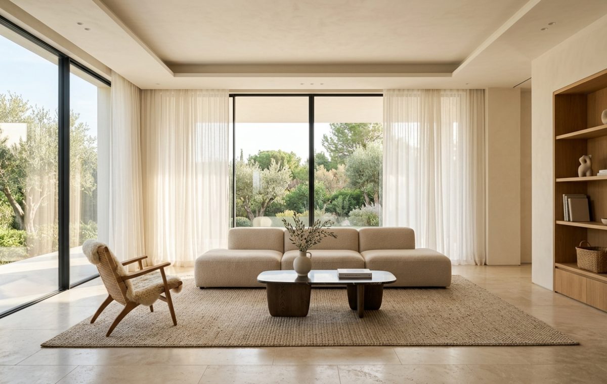 A sun-drenched minimalist living room featuring a low-profile beige sofa and a single large window.
